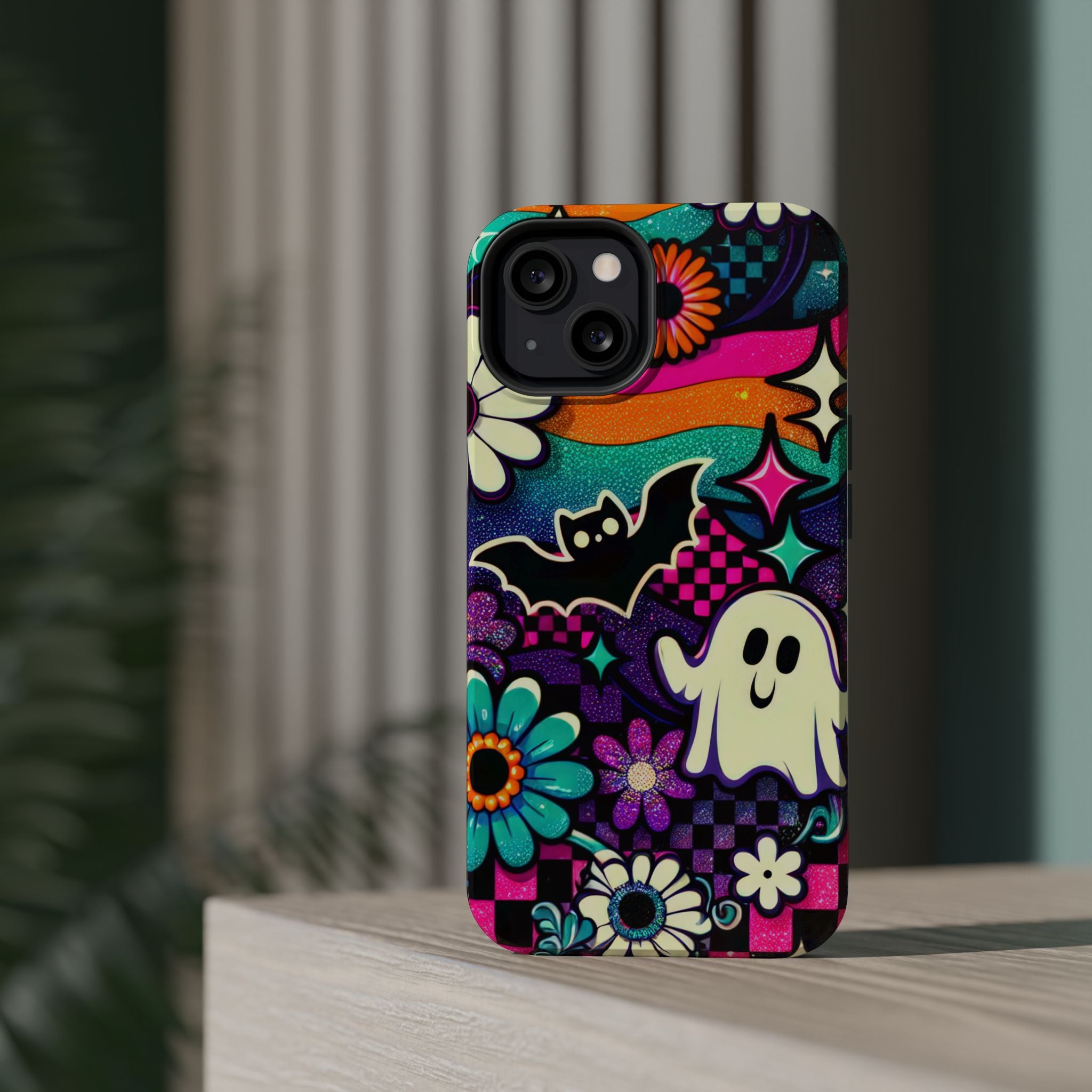 Halloween Retro Ghost & Bat Phone Case — Magnetic Impact-Resistant