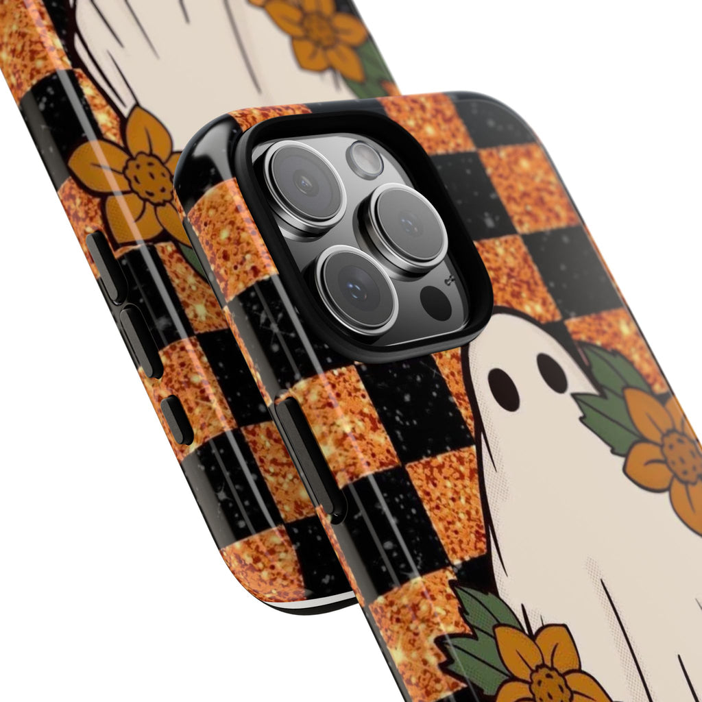 Halloween Ghost Phone Case — Checkerboard Orange Glitter Floral Design