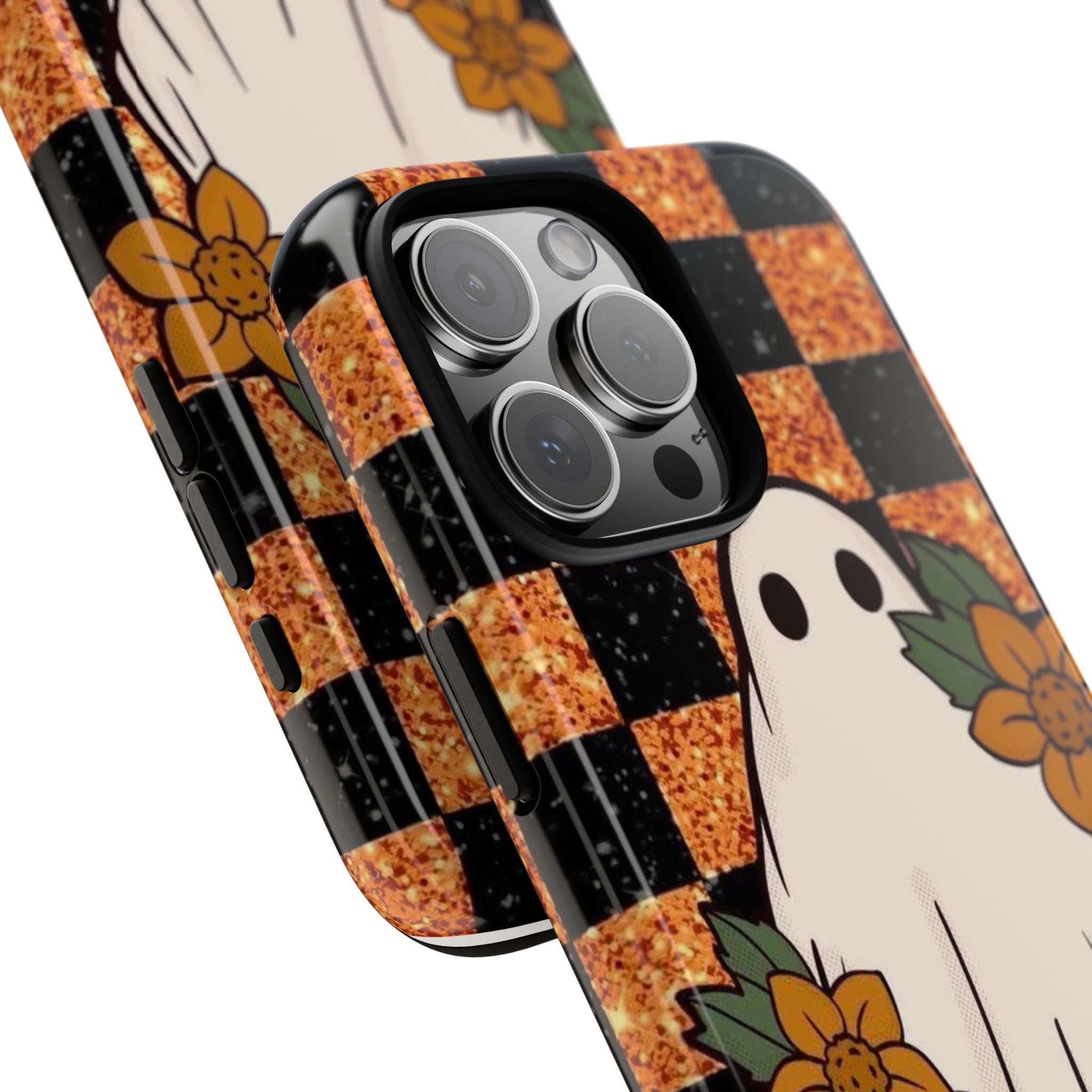 Halloween Ghost Phone Case — Checkerboard Orange Glitter Floral Design