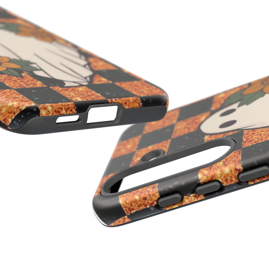 Halloween Ghost Phone Case — Checkerboard Orange Glitter Floral Design