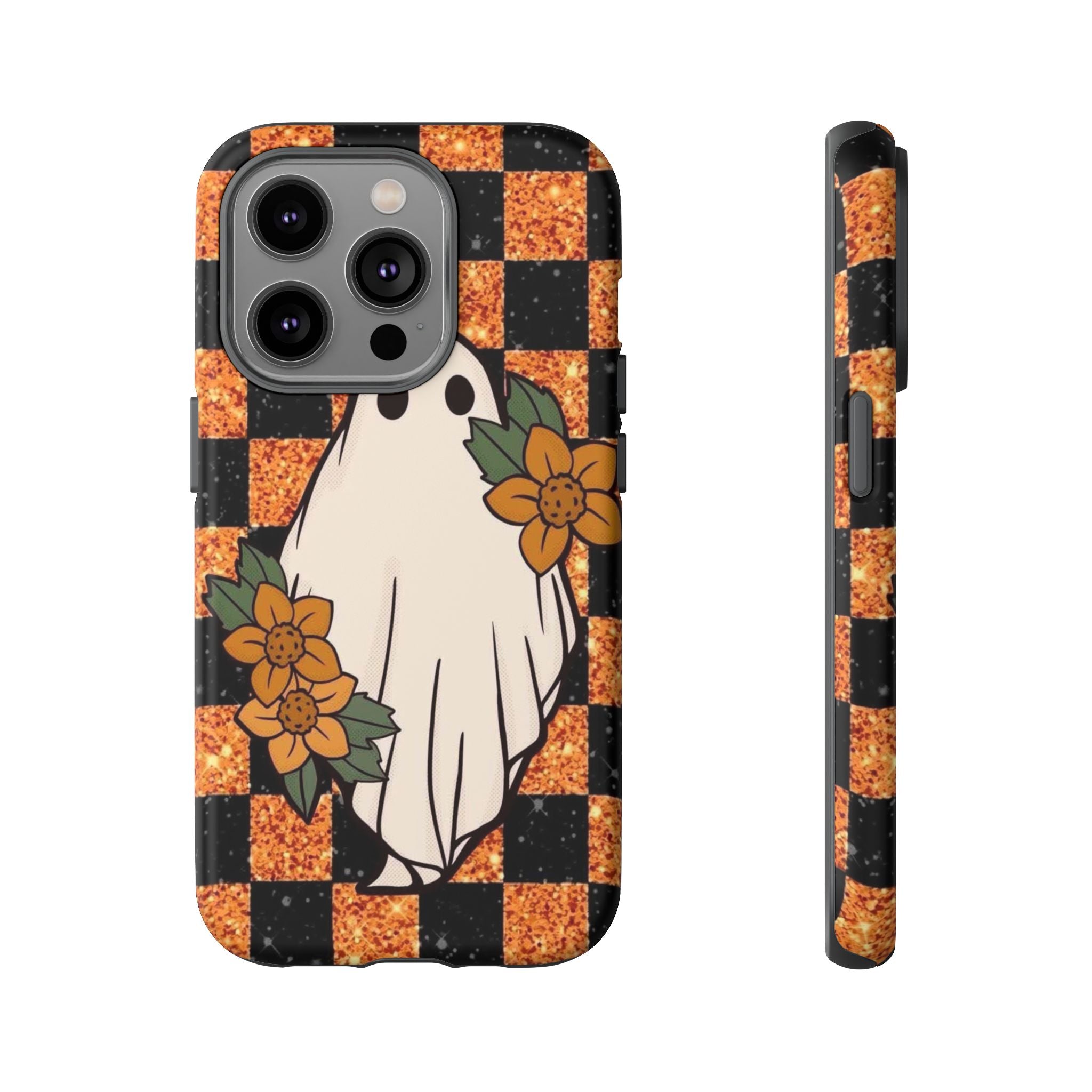 Halloween Ghost Phone Case — Checkerboard Orange Glitter Floral Design