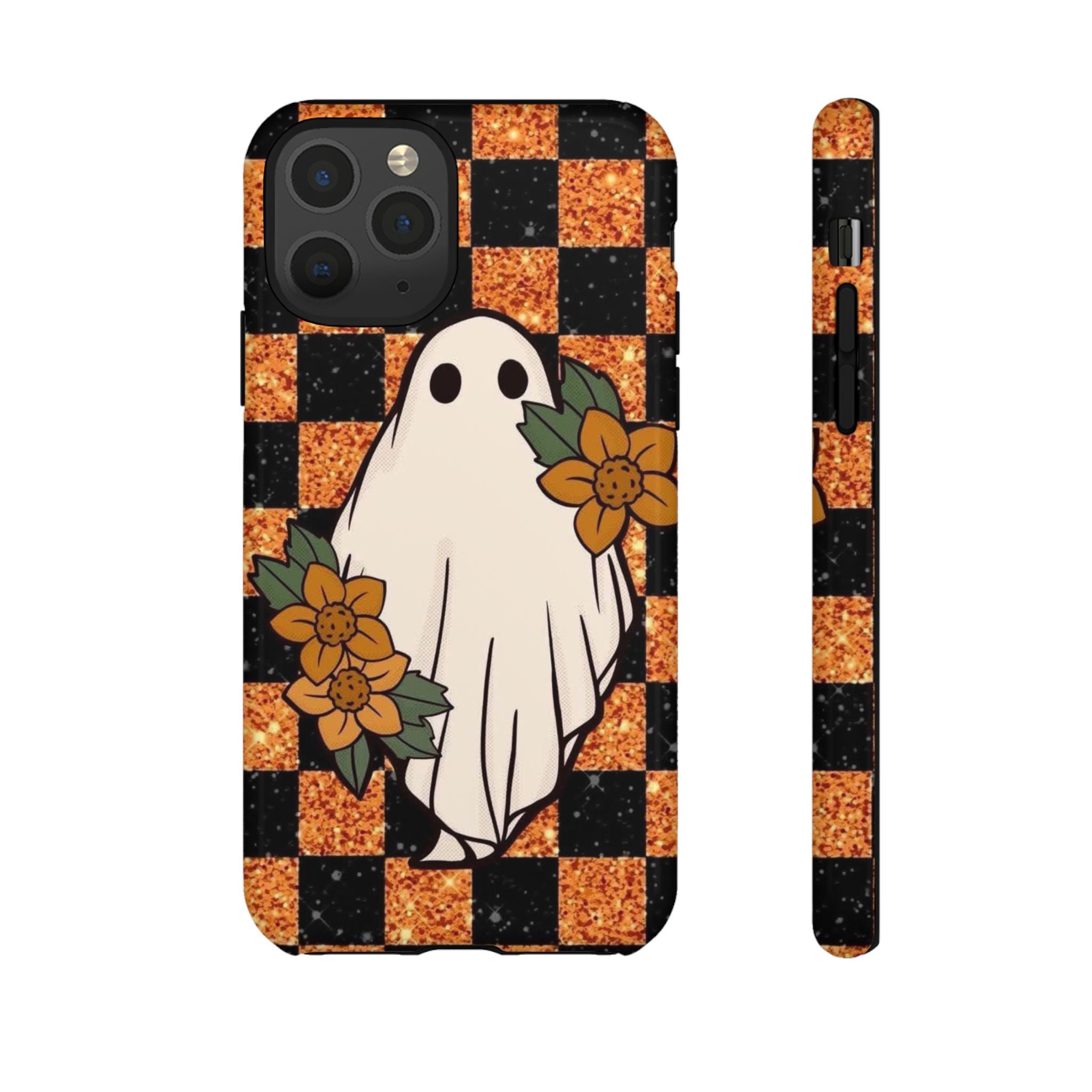 Halloween Ghost Phone Case — Checkerboard Orange Glitter Floral Design
