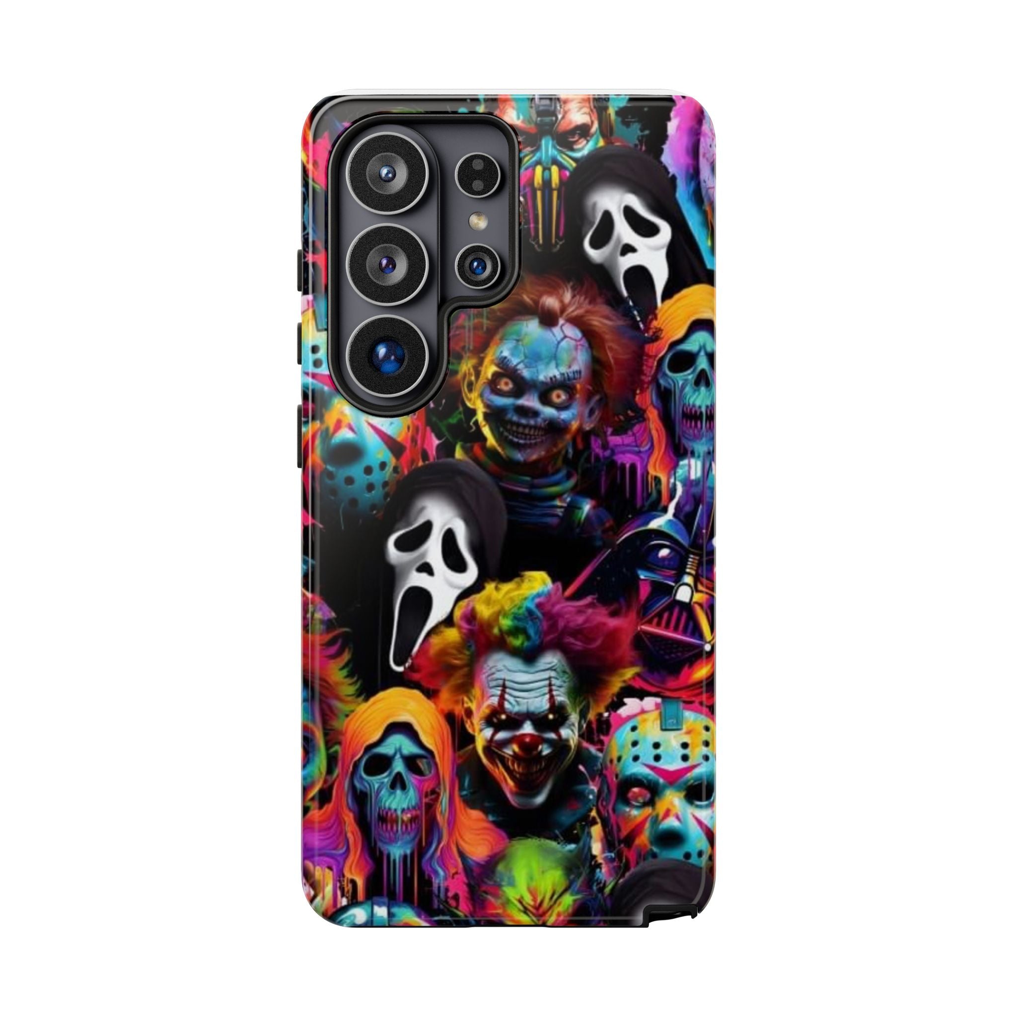 Phone Case — Neon Horror Mask Collage (Scream, Jason, Clown)