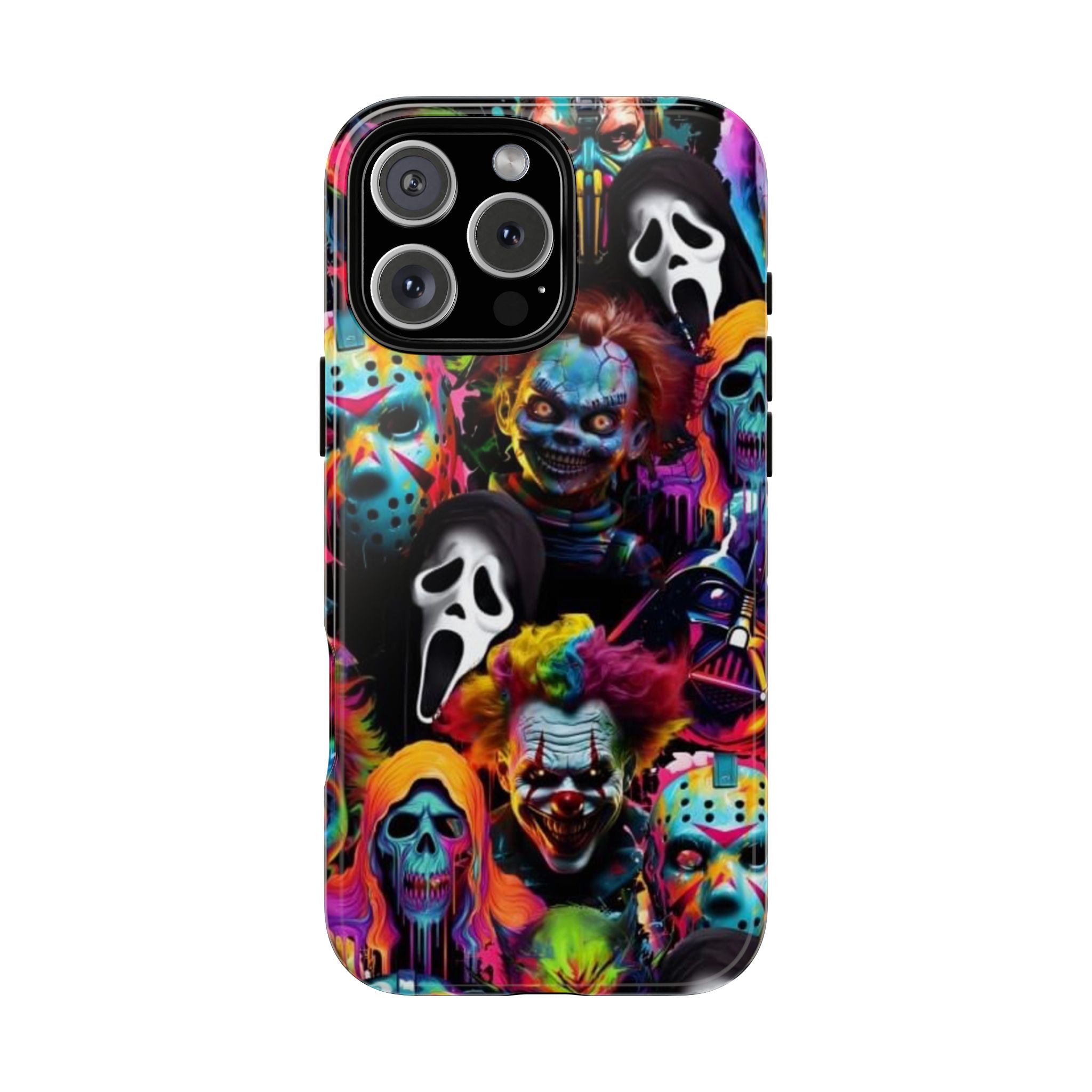 Phone Case — Neon Horror Mask Collage (Scream, Jason, Clown)