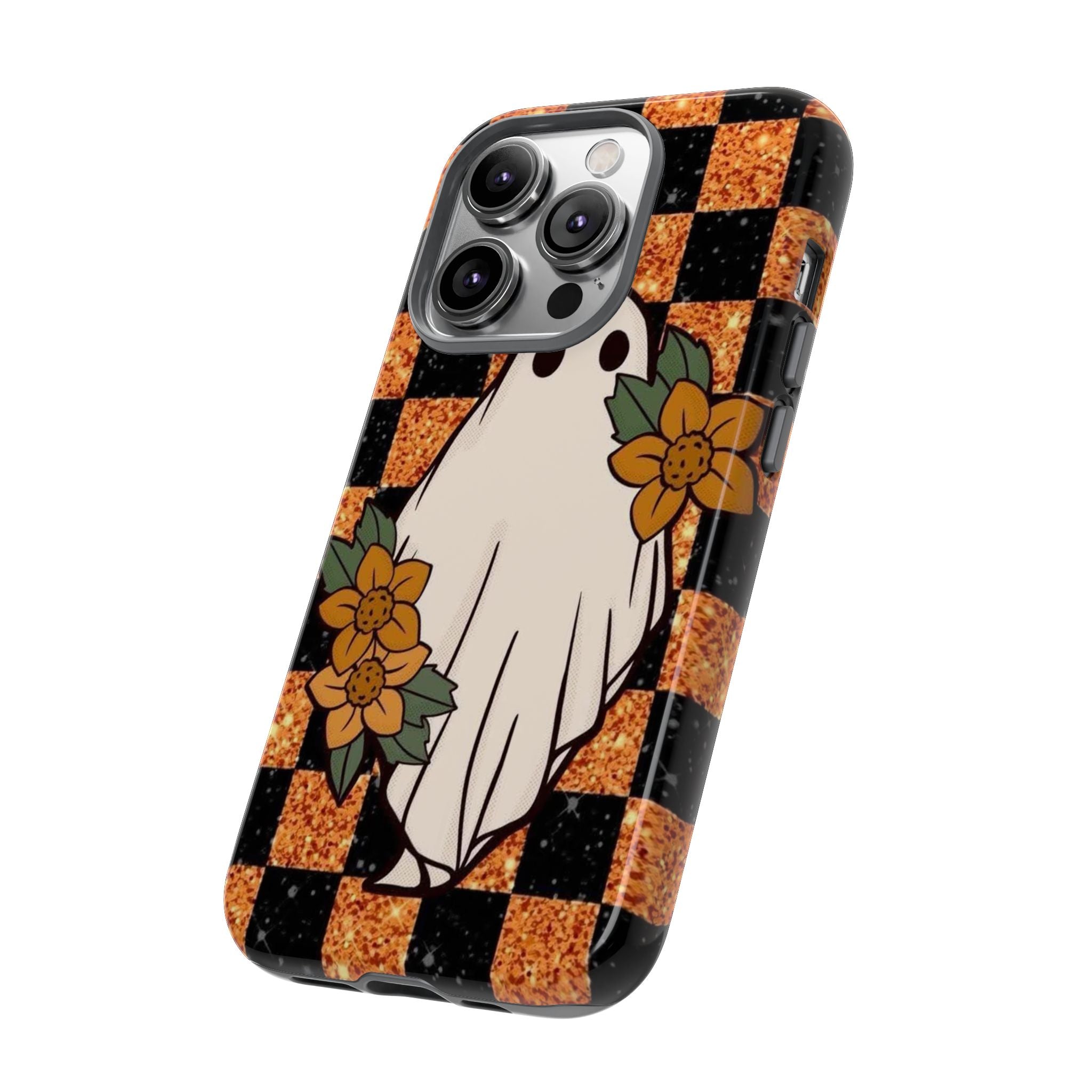 Halloween Ghost Phone Case — Checkerboard Orange Glitter Floral Design