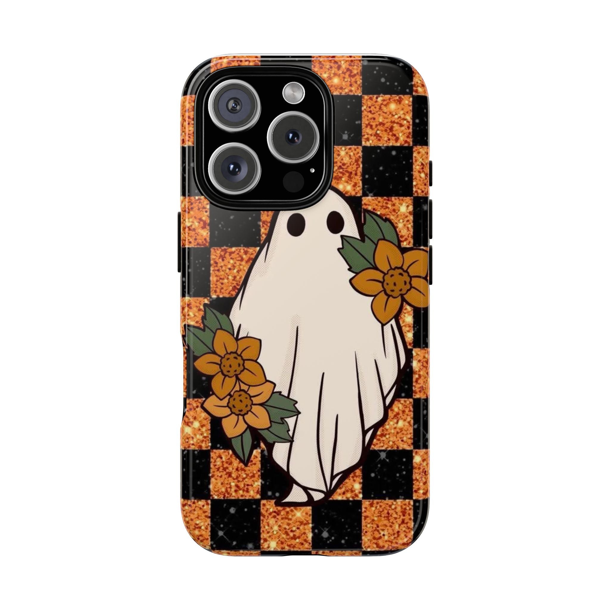 Halloween Ghost Phone Case — Checkerboard Orange Glitter Floral Design