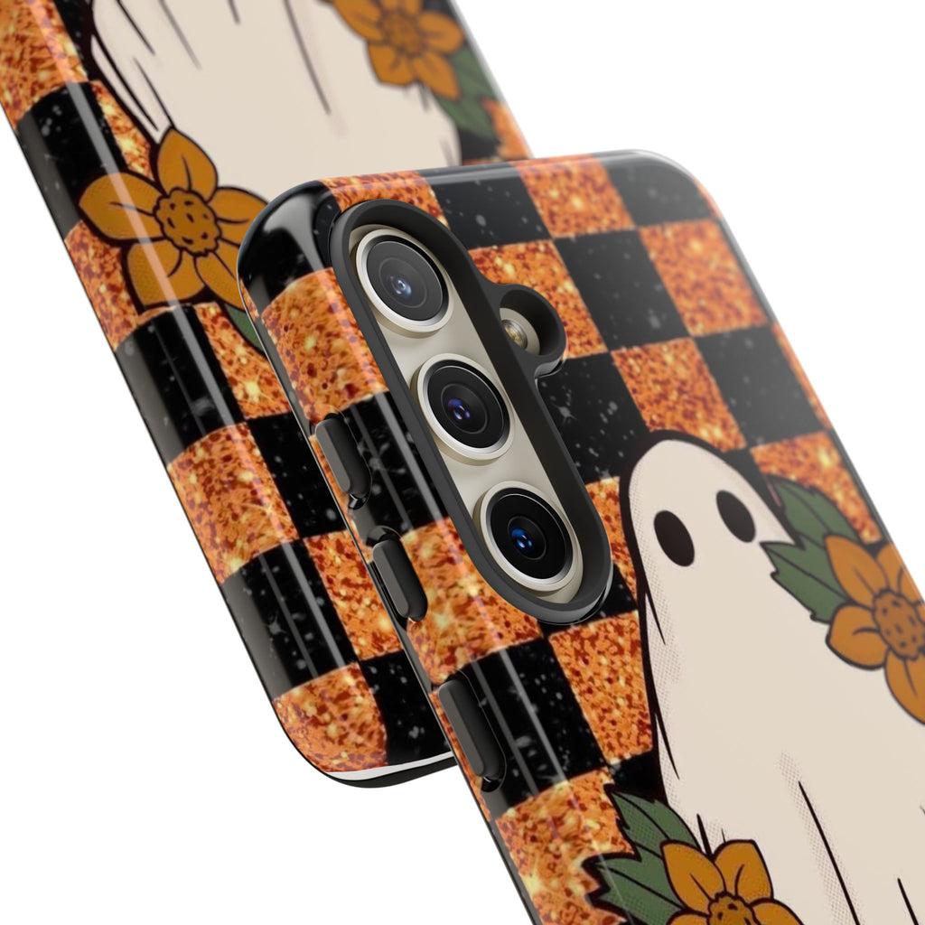 Halloween Ghost Phone Case — Checkerboard Orange Glitter Floral Design