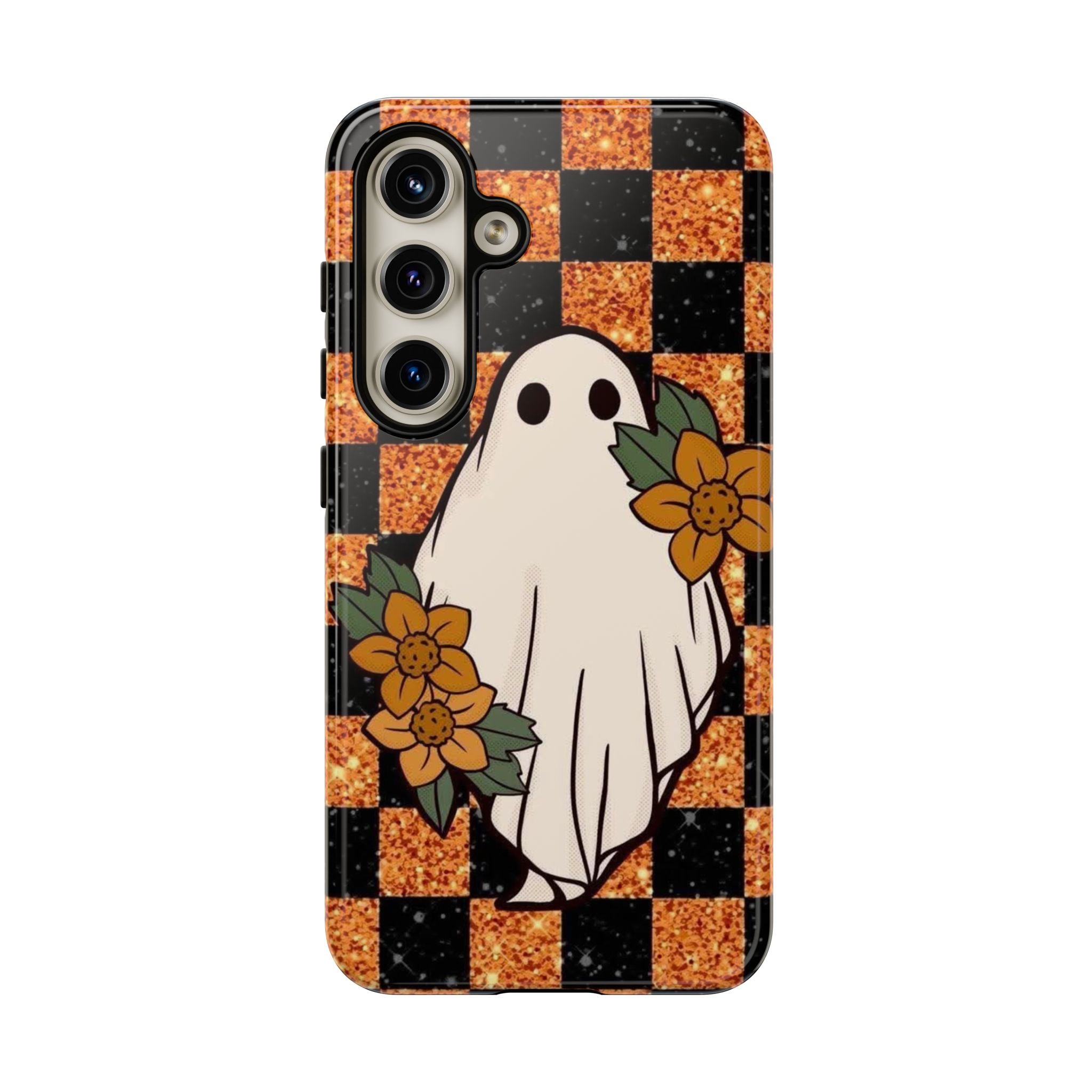 Halloween Ghost Phone Case — Checkerboard Orange Glitter Floral Design