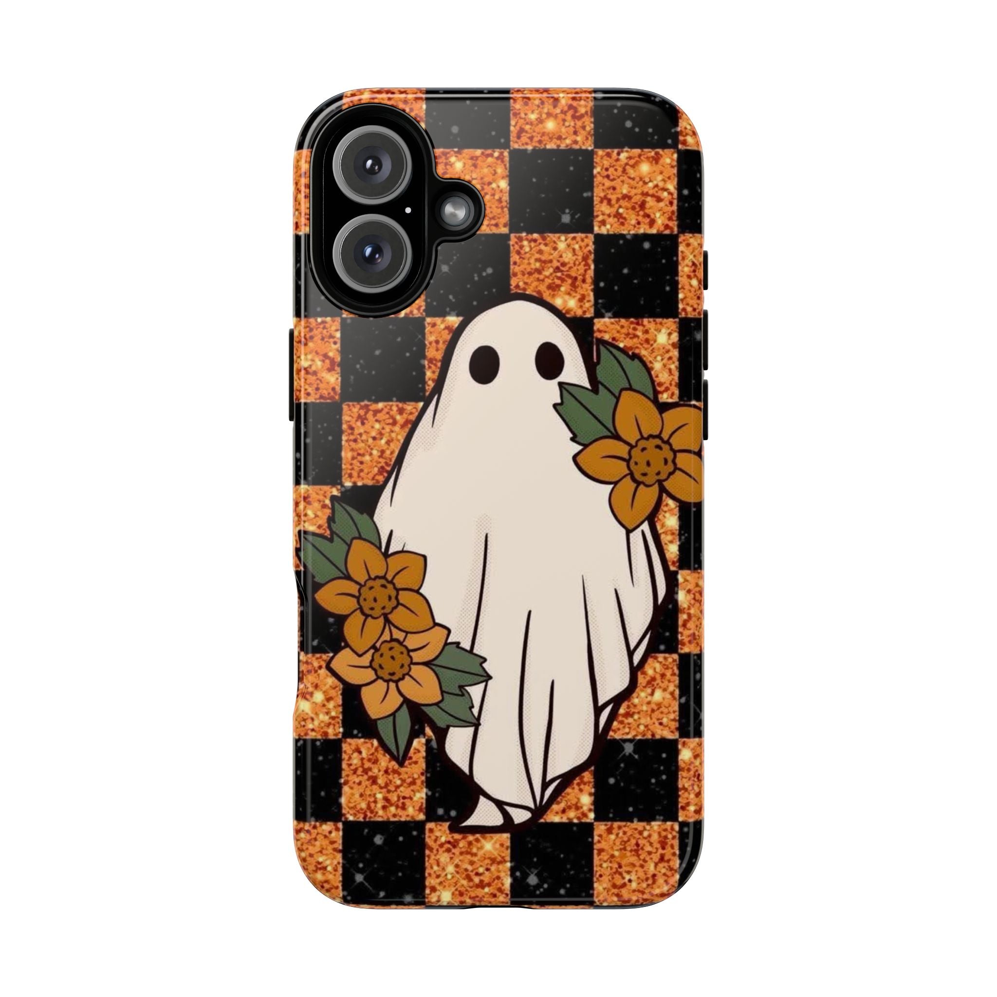 Halloween Ghost Phone Case — Checkerboard Orange Glitter Floral Design