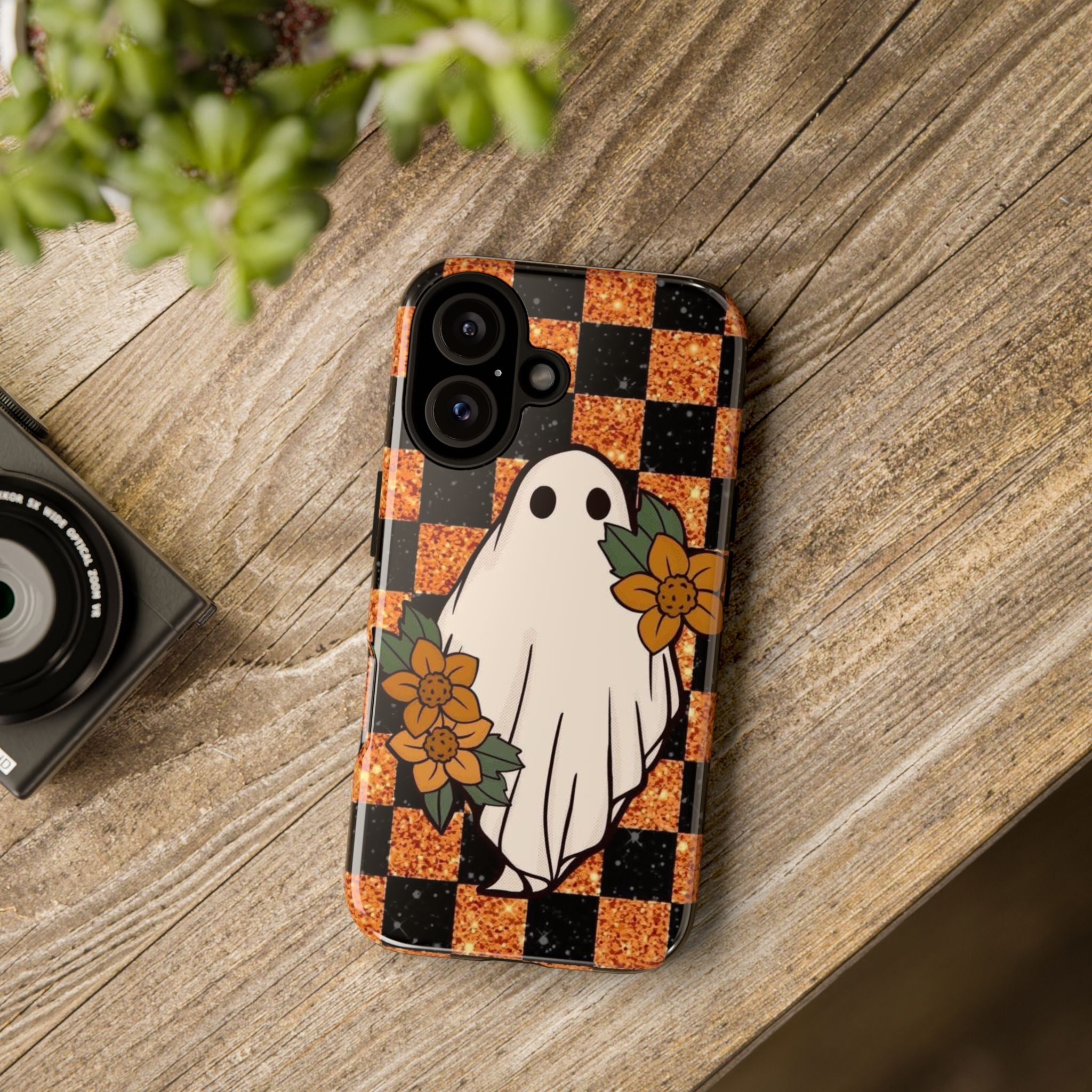 Halloween Ghost Phone Case — Checkerboard Orange Glitter Floral Design