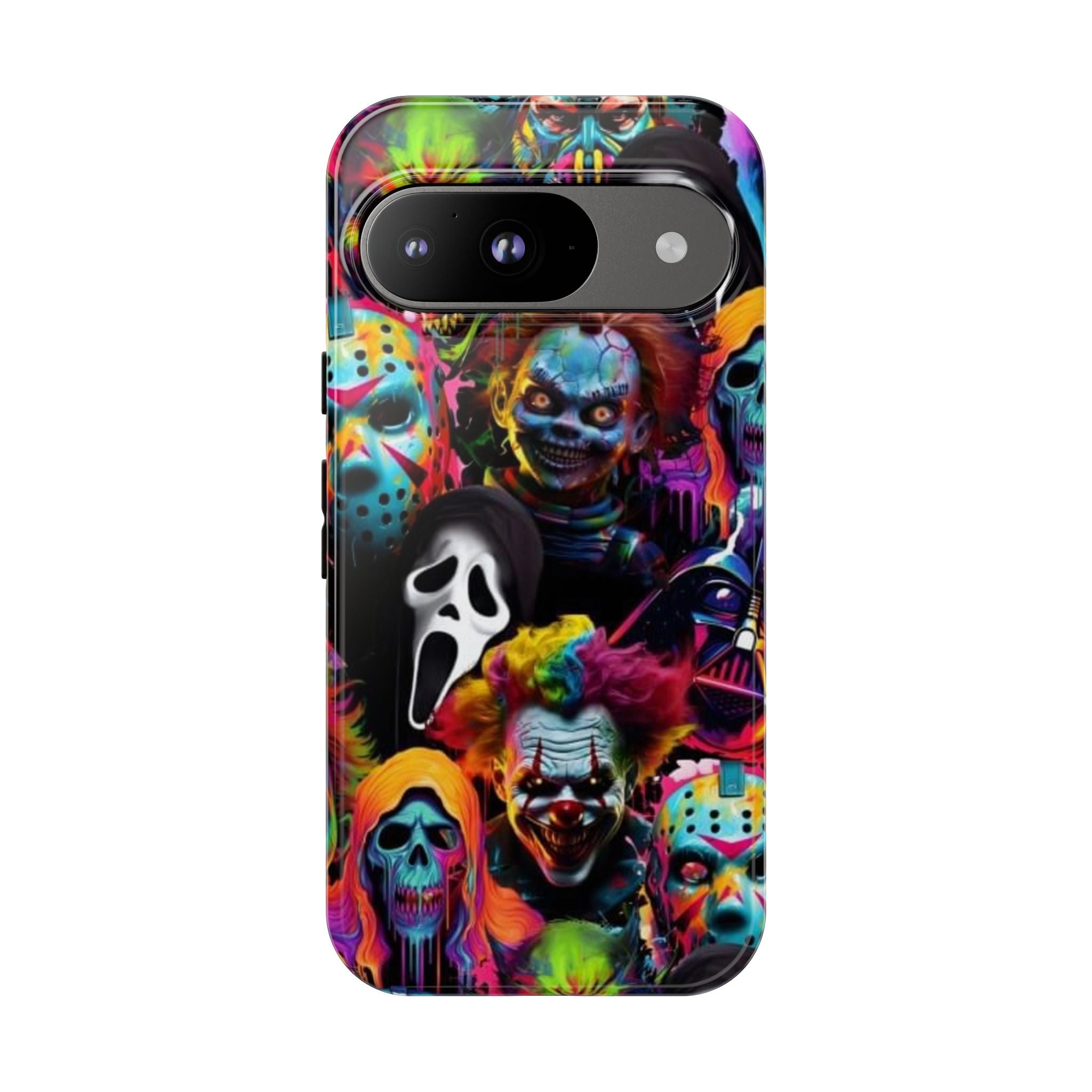 Phone Case — Neon Horror Mask Collage (Scream, Jason, Clown)