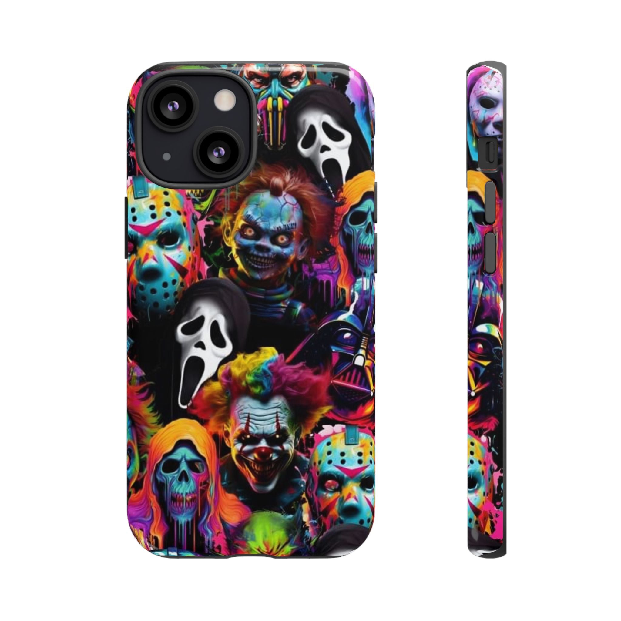 Phone Case — Neon Horror Mask Collage (Scream, Jason, Clown)
