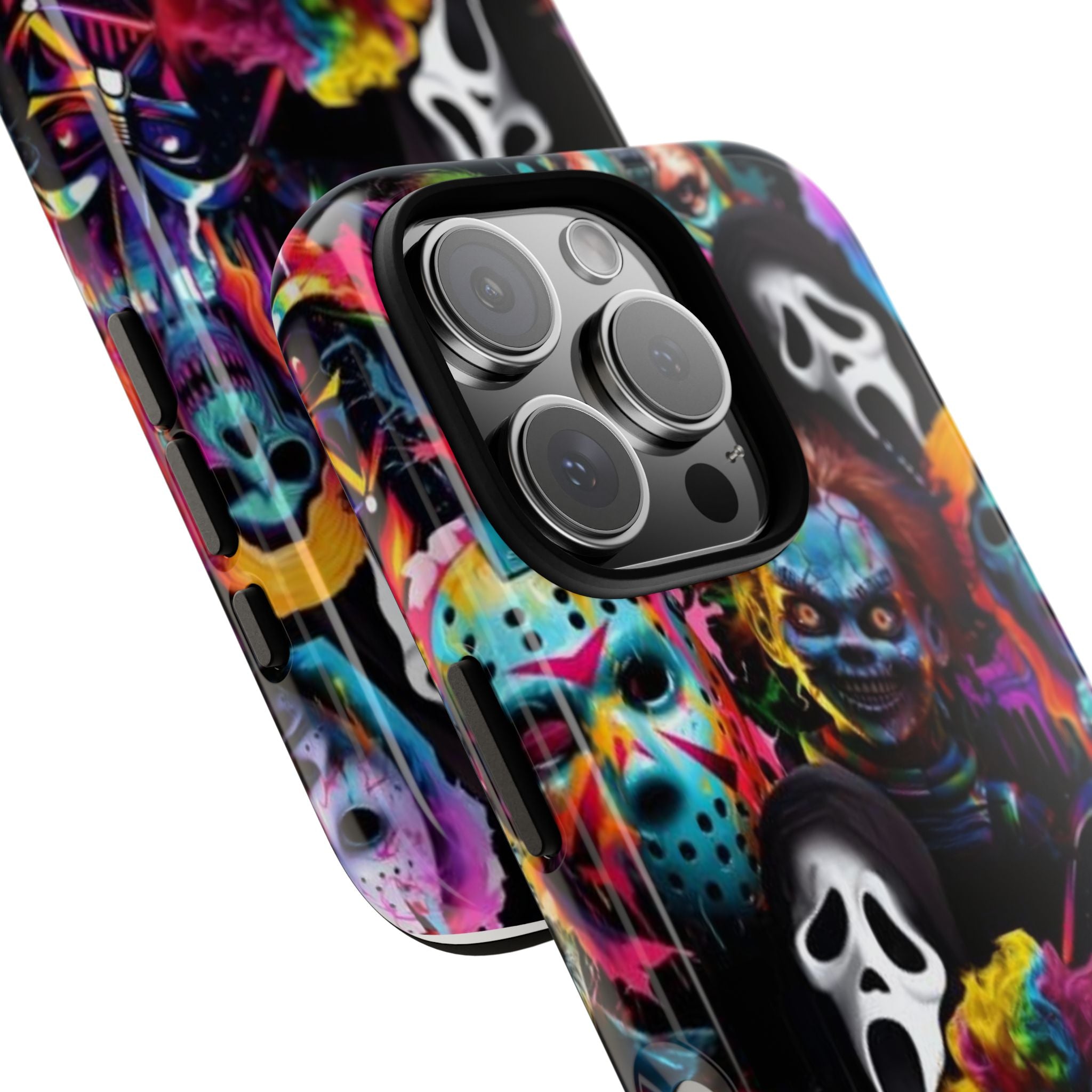 Phone Case — Neon Horror Mask Collage (Scream, Jason, Clown)
