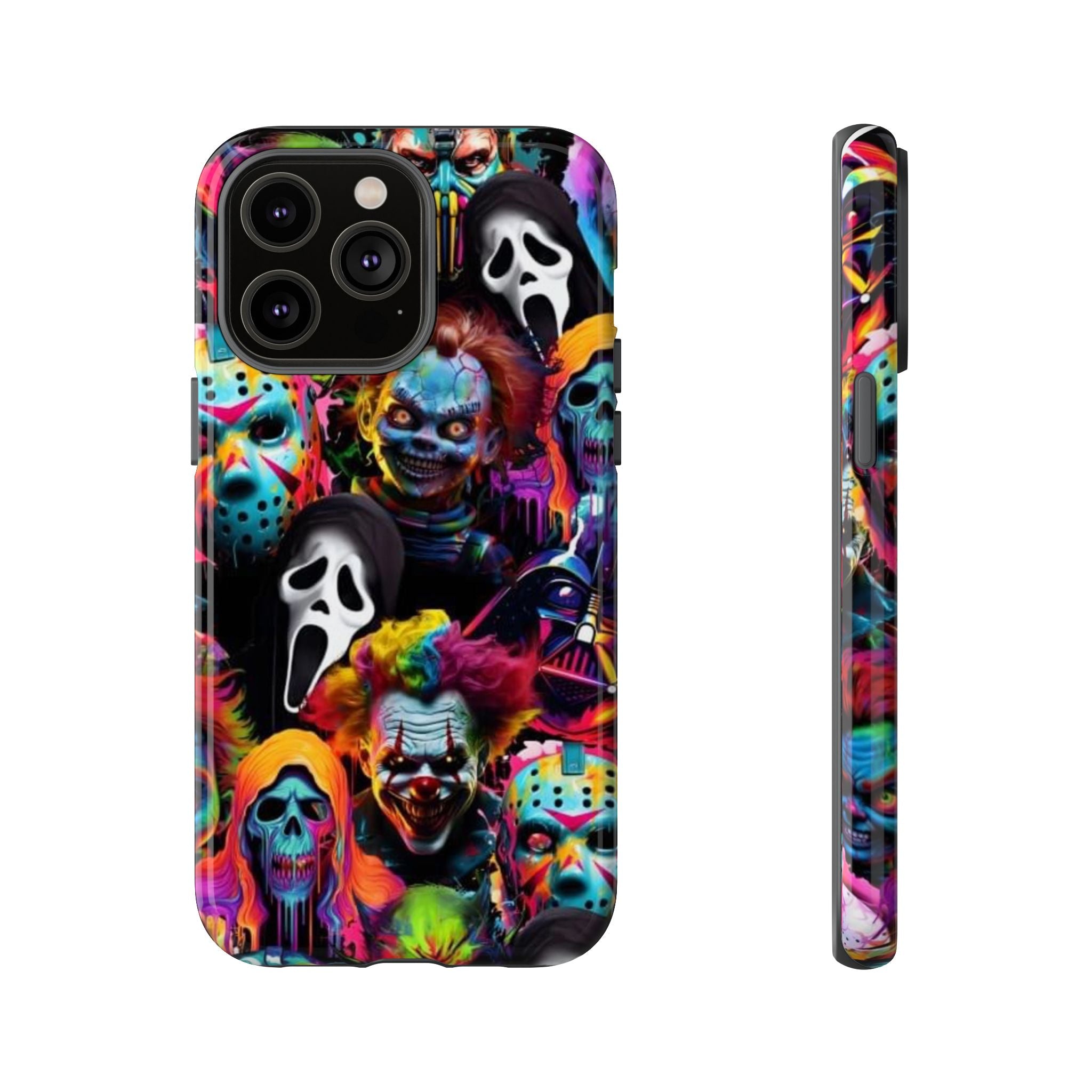 Phone Case — Neon Horror Mask Collage (Scream, Jason, Clown)