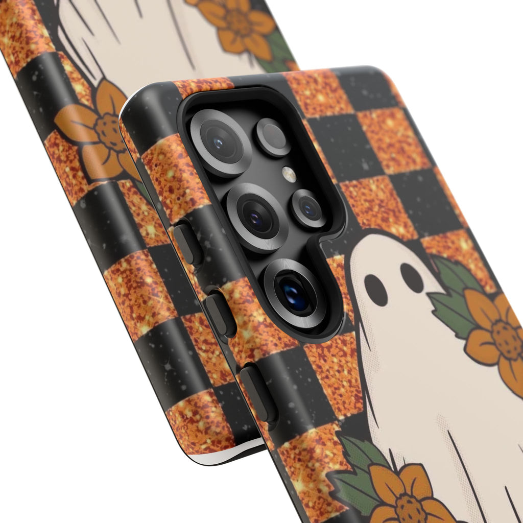 Halloween Ghost Phone Case — Checkerboard Orange Glitter Floral Design