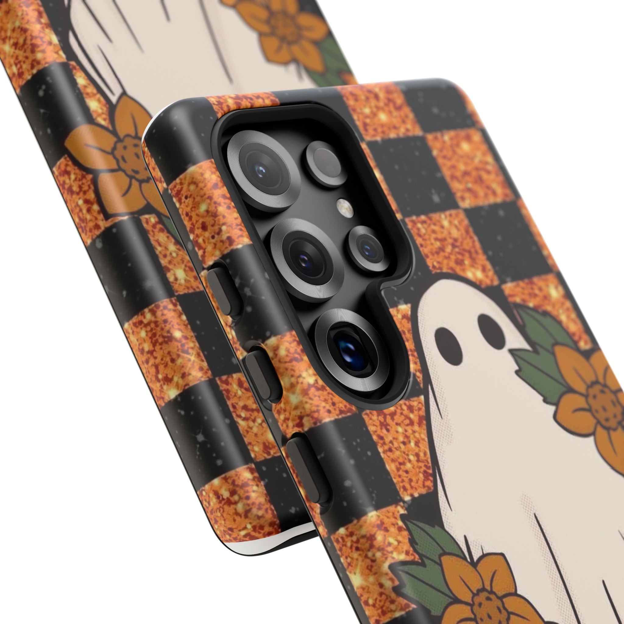 Halloween Ghost Phone Case — Checkerboard Orange Glitter Floral Design