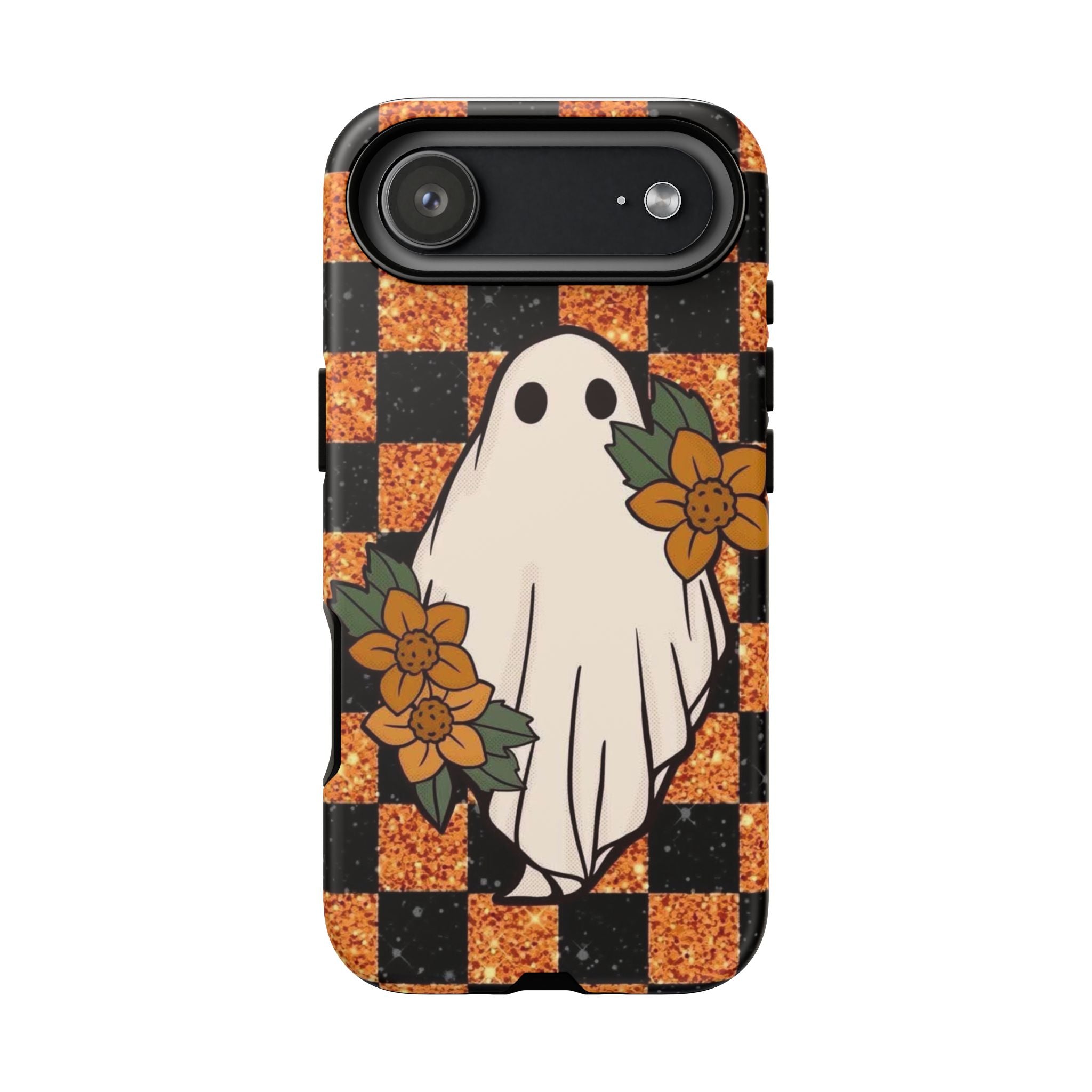Halloween Ghost Phone Case — Checkerboard Orange Glitter Floral Design