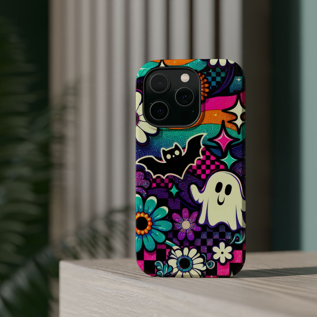 Halloween Retro Ghost & Bat Phone Case — Magnetic Impact-Resistant