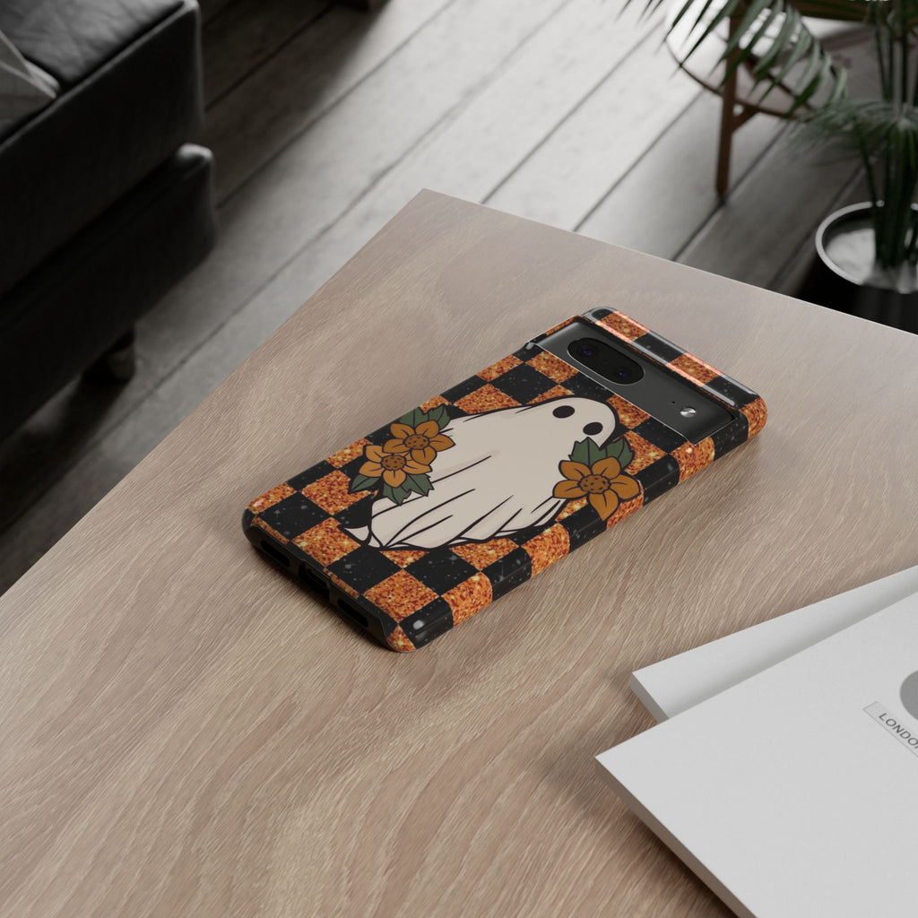 Halloween Ghost Phone Case — Checkerboard Orange Glitter Floral Design