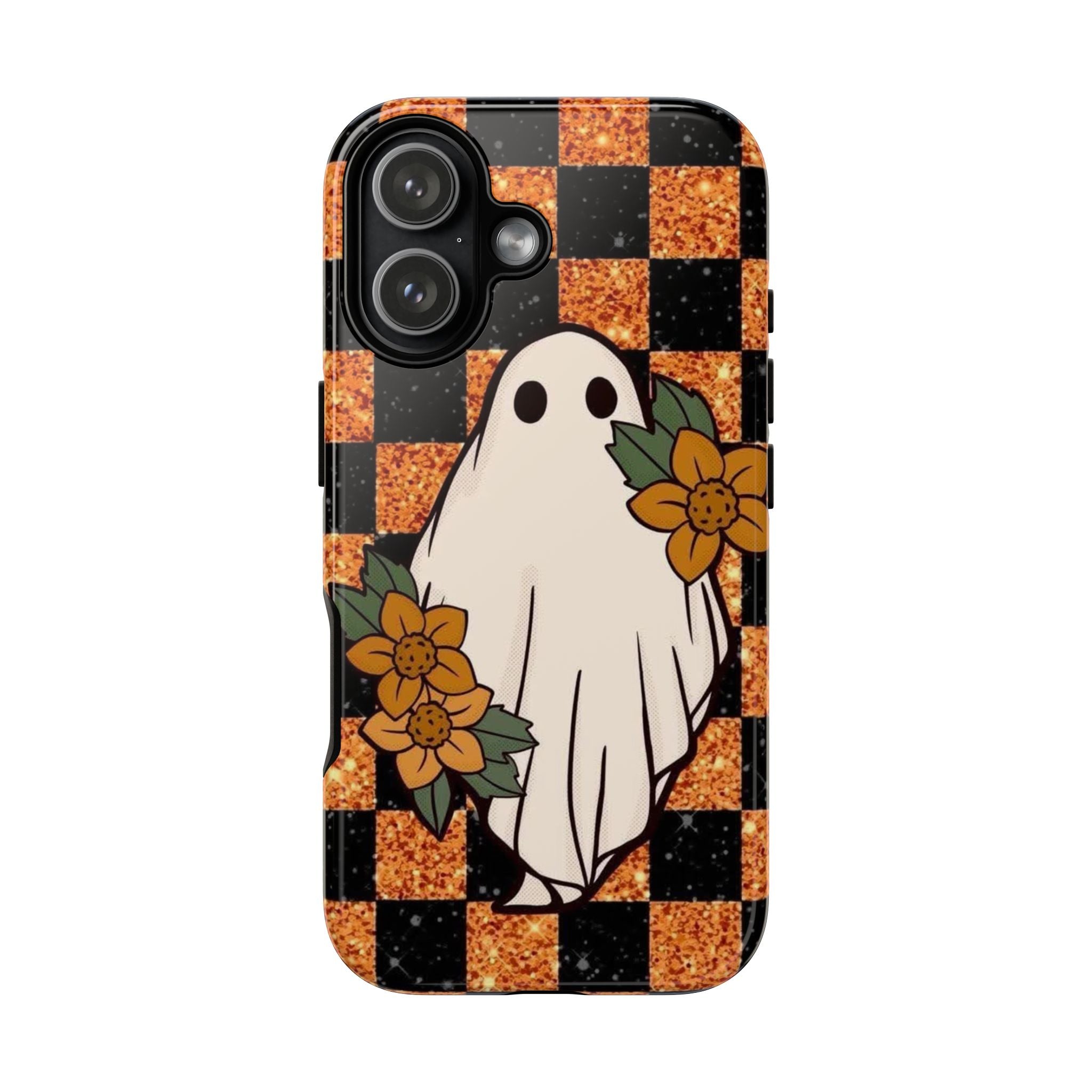 Halloween Ghost Phone Case — Checkerboard Orange Glitter Floral Design