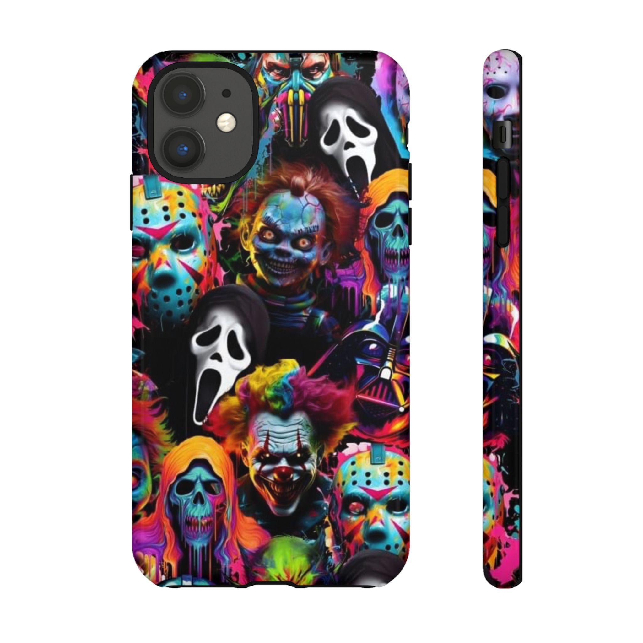 Phone Case — Neon Horror Mask Collage (Scream, Jason, Clown)