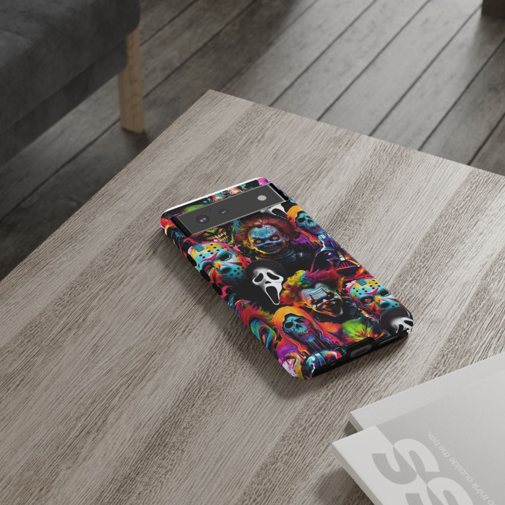 Phone Case — Neon Horror Mask Collage (Scream, Jason, Clown)