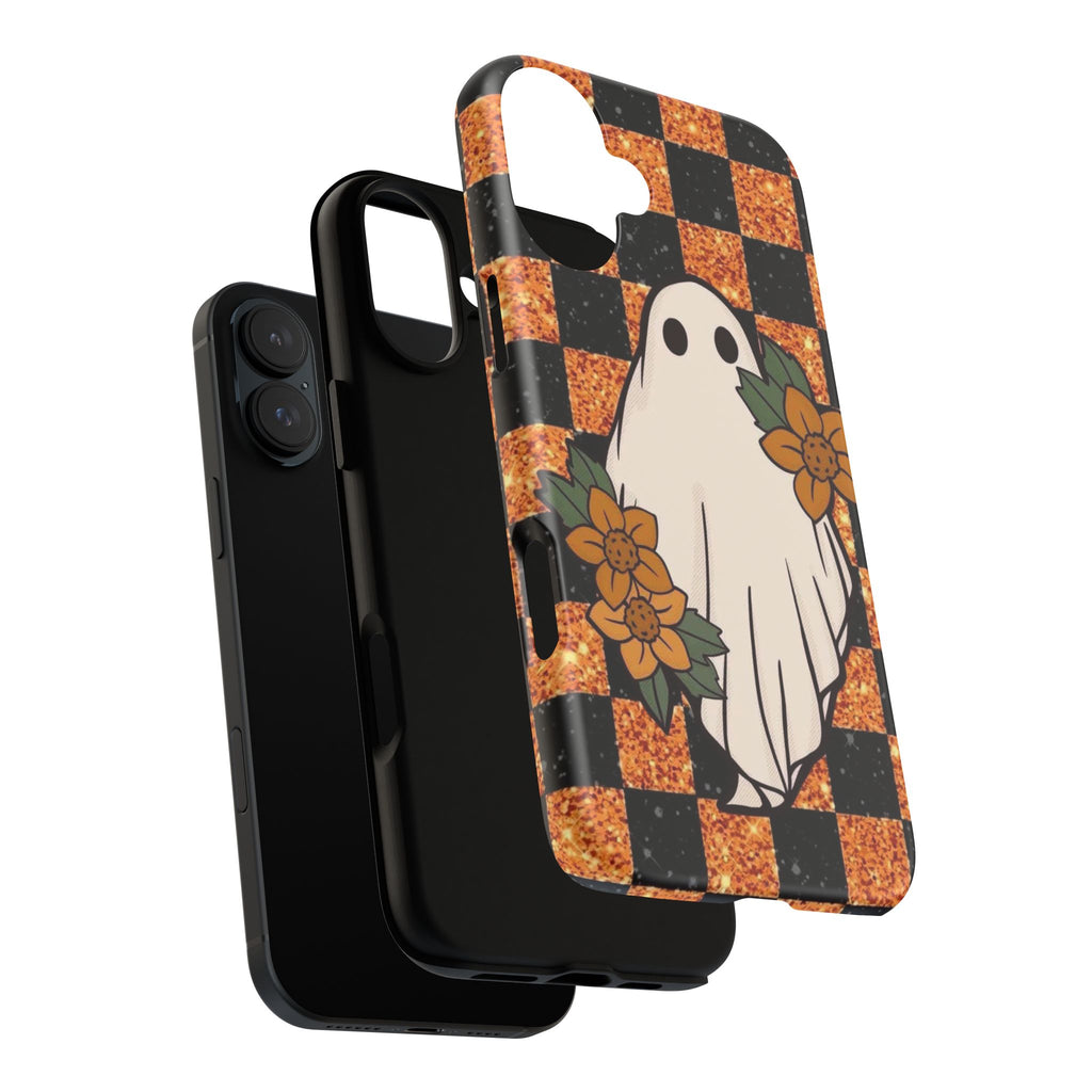 Halloween Ghost Phone Case — Checkerboard Orange Glitter Floral Design