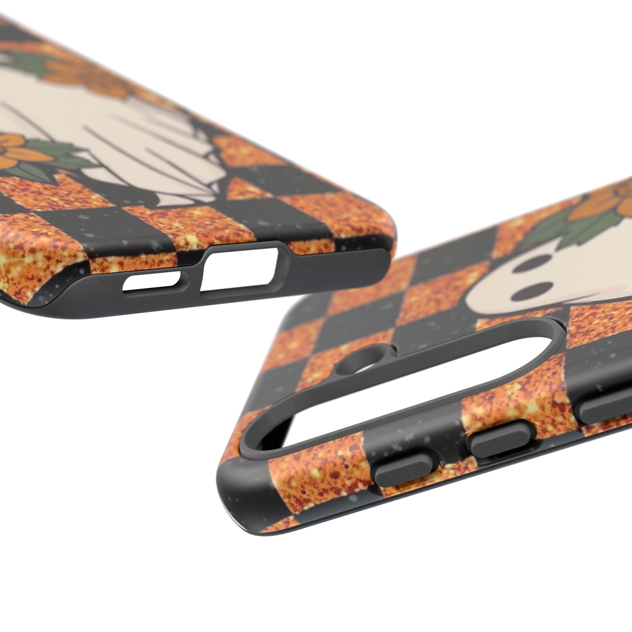 Halloween Ghost Phone Case — Checkerboard Orange Glitter Floral Design