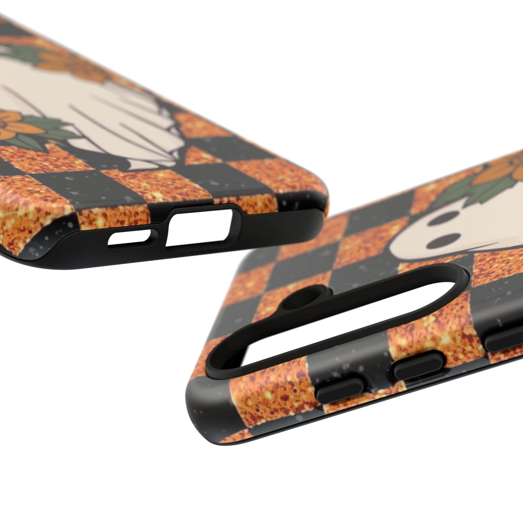 Halloween Ghost Phone Case — Checkerboard Orange Glitter Floral Design