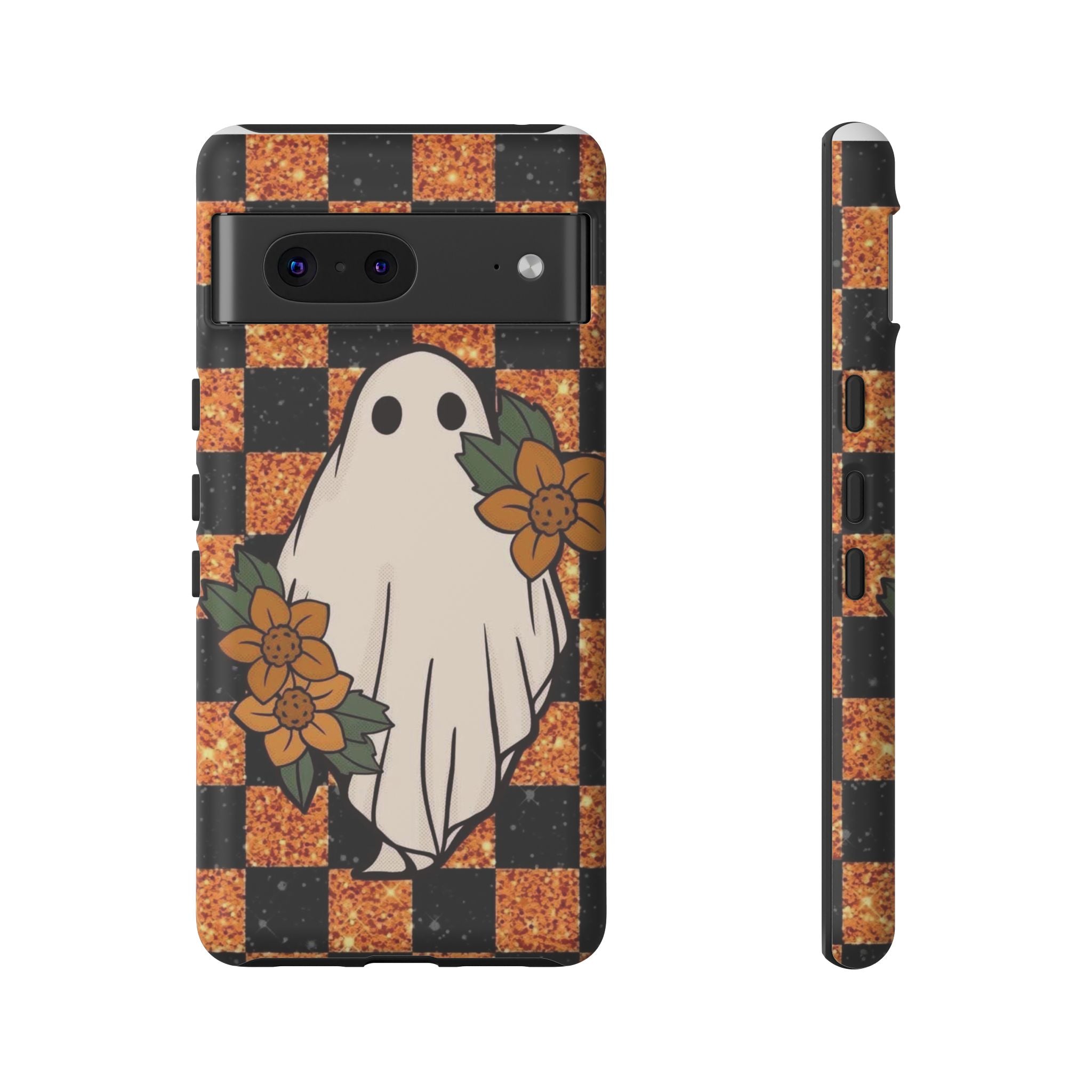 Halloween Ghost Phone Case — Checkerboard Orange Glitter Floral Design
