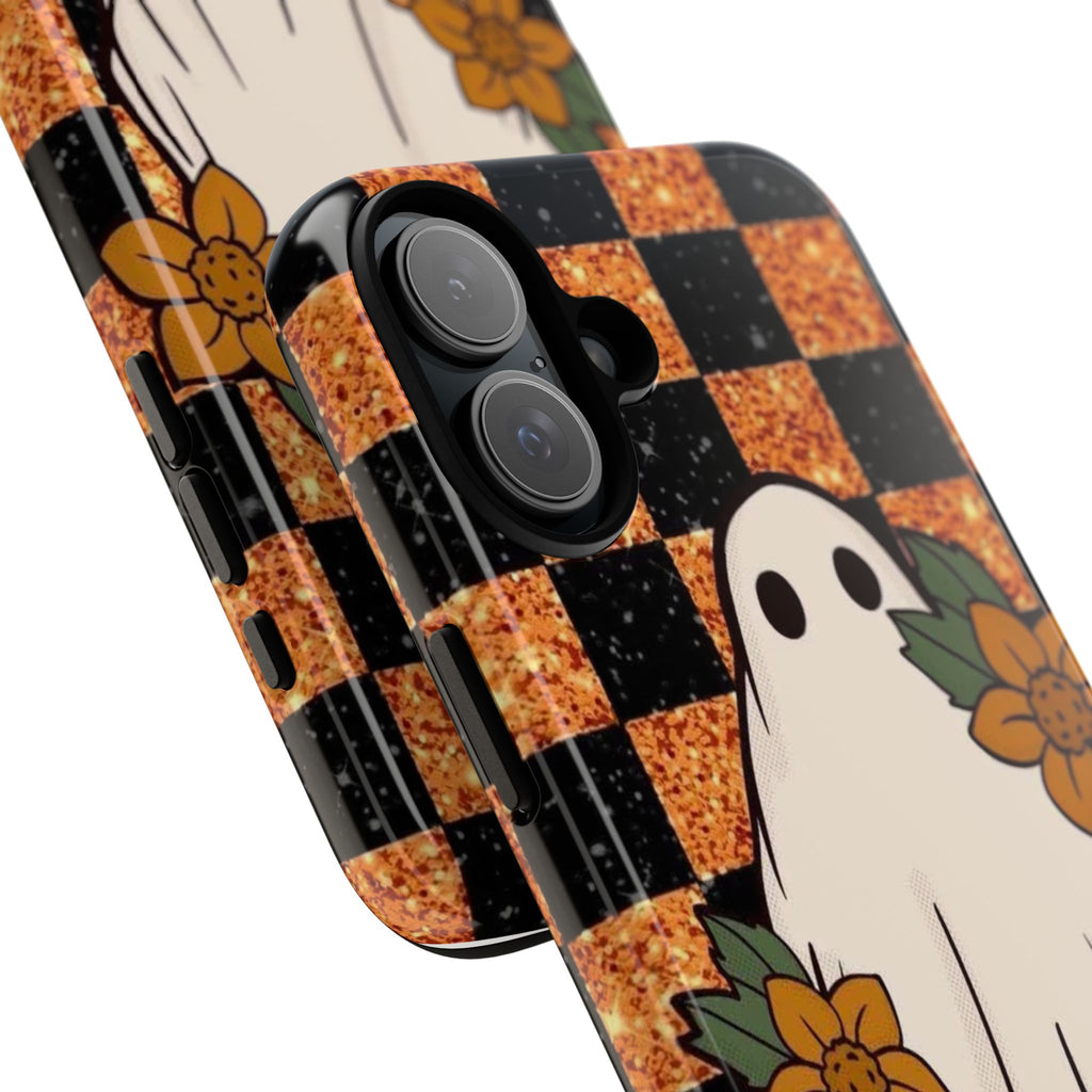 Halloween Ghost Phone Case — Checkerboard Orange Glitter Floral Design