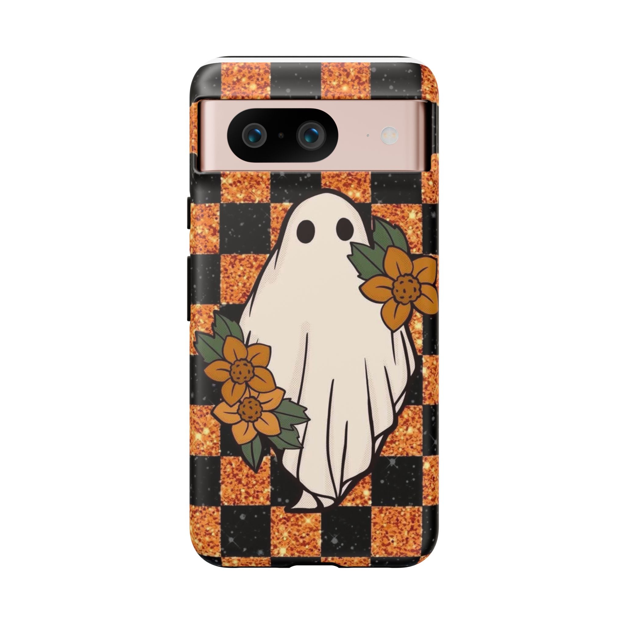 Halloween Ghost Phone Case — Checkerboard Orange Glitter Floral Design