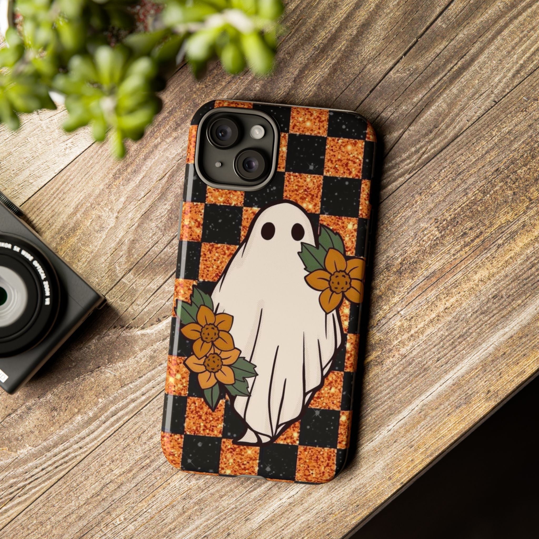Halloween Ghost Phone Case — Checkerboard Orange Glitter Floral Design
