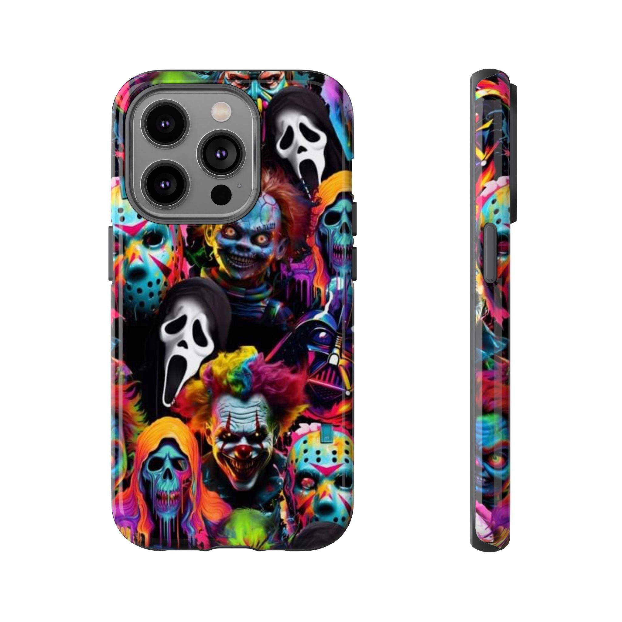 Phone Case — Neon Horror Mask Collage (Scream, Jason, Clown)