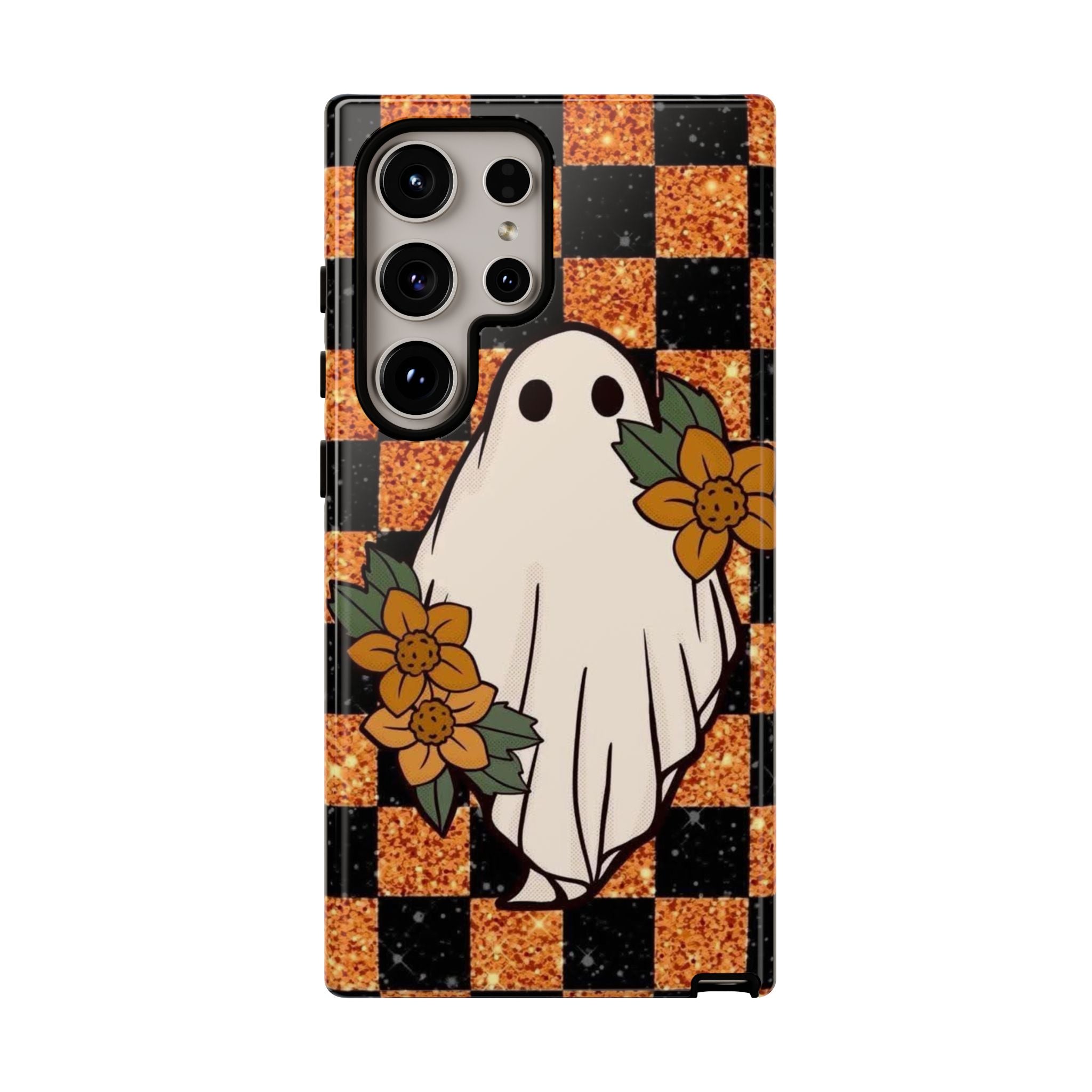 Halloween Ghost Phone Case — Checkerboard Orange Glitter Floral Design