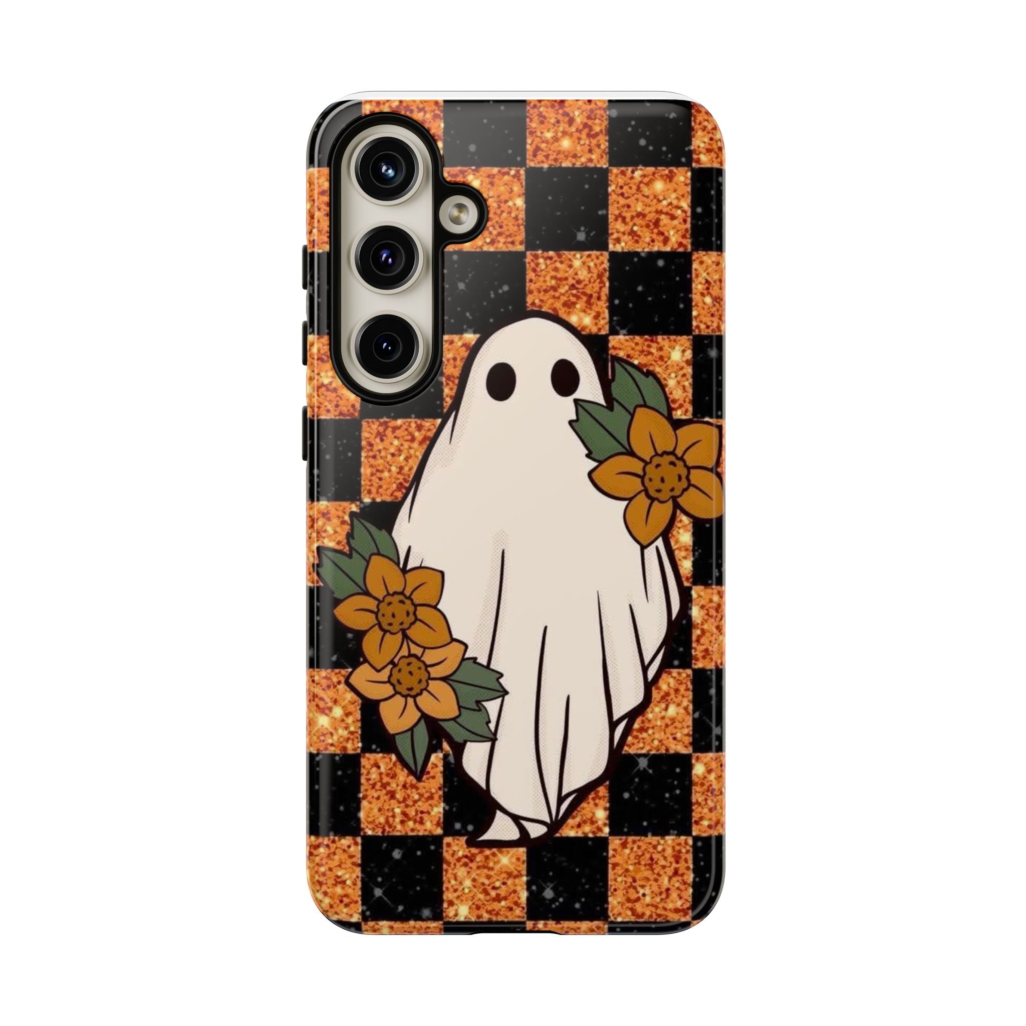 Halloween Ghost Phone Case — Checkerboard Orange Glitter Floral Design