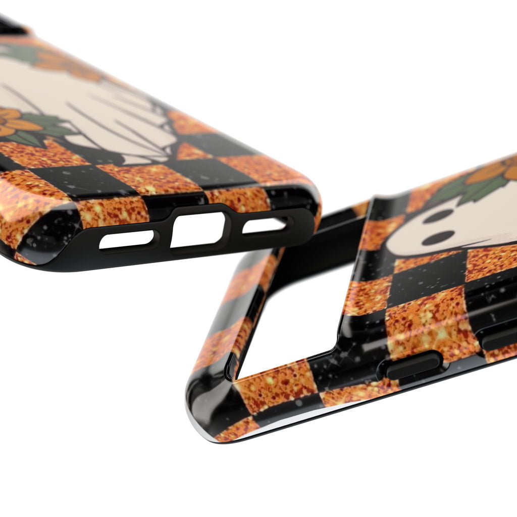 Halloween Ghost Phone Case — Checkerboard Orange Glitter Floral Design