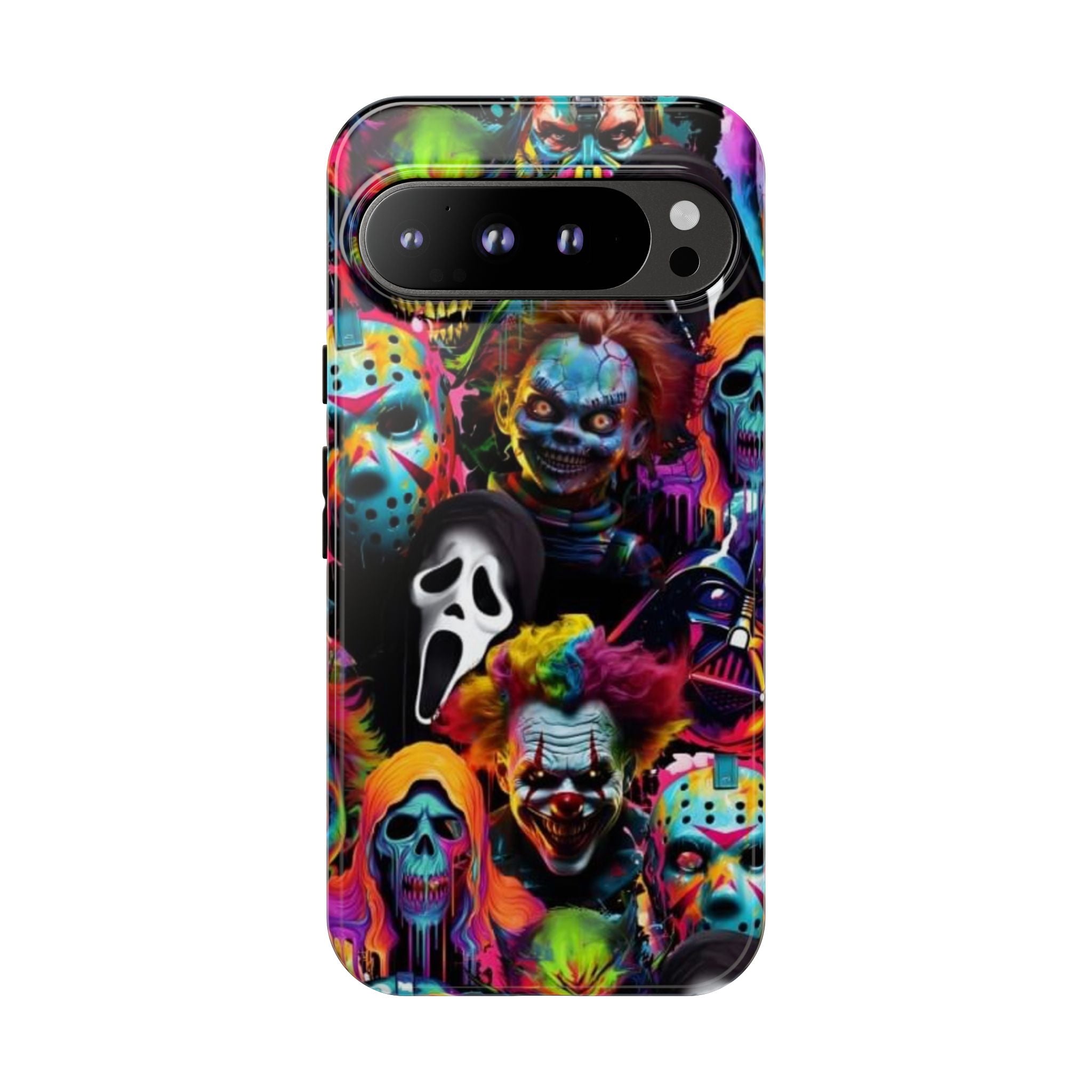 Phone Case — Neon Horror Mask Collage (Scream, Jason, Clown)
