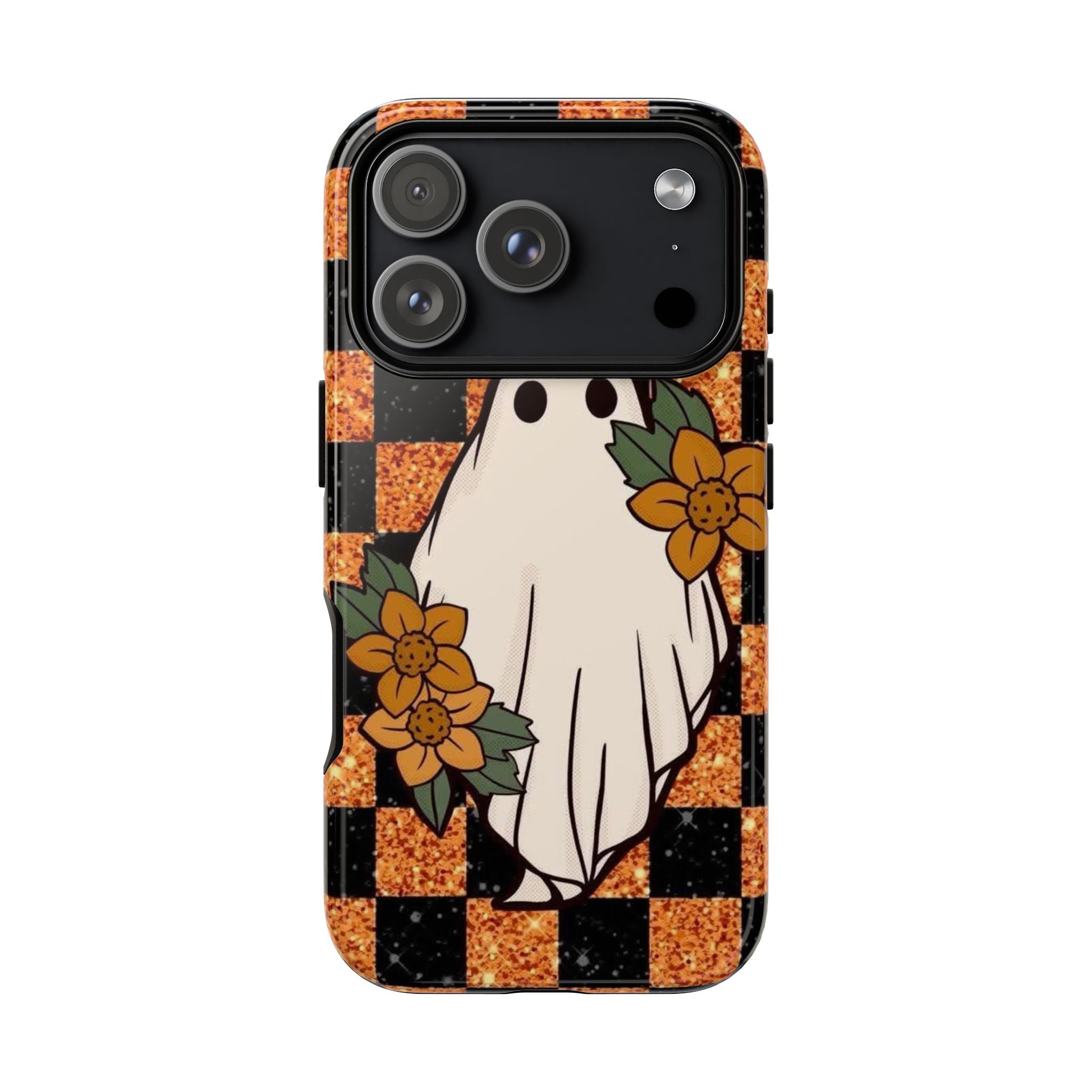 Halloween Ghost Phone Case — Checkerboard Orange Glitter Floral Design
