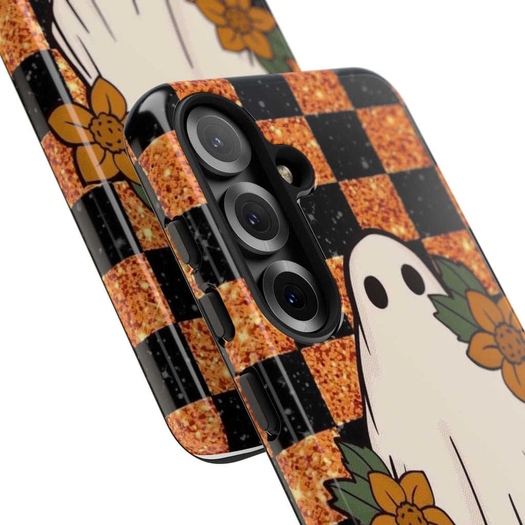 Halloween Ghost Phone Case — Checkerboard Orange Glitter Floral Design
