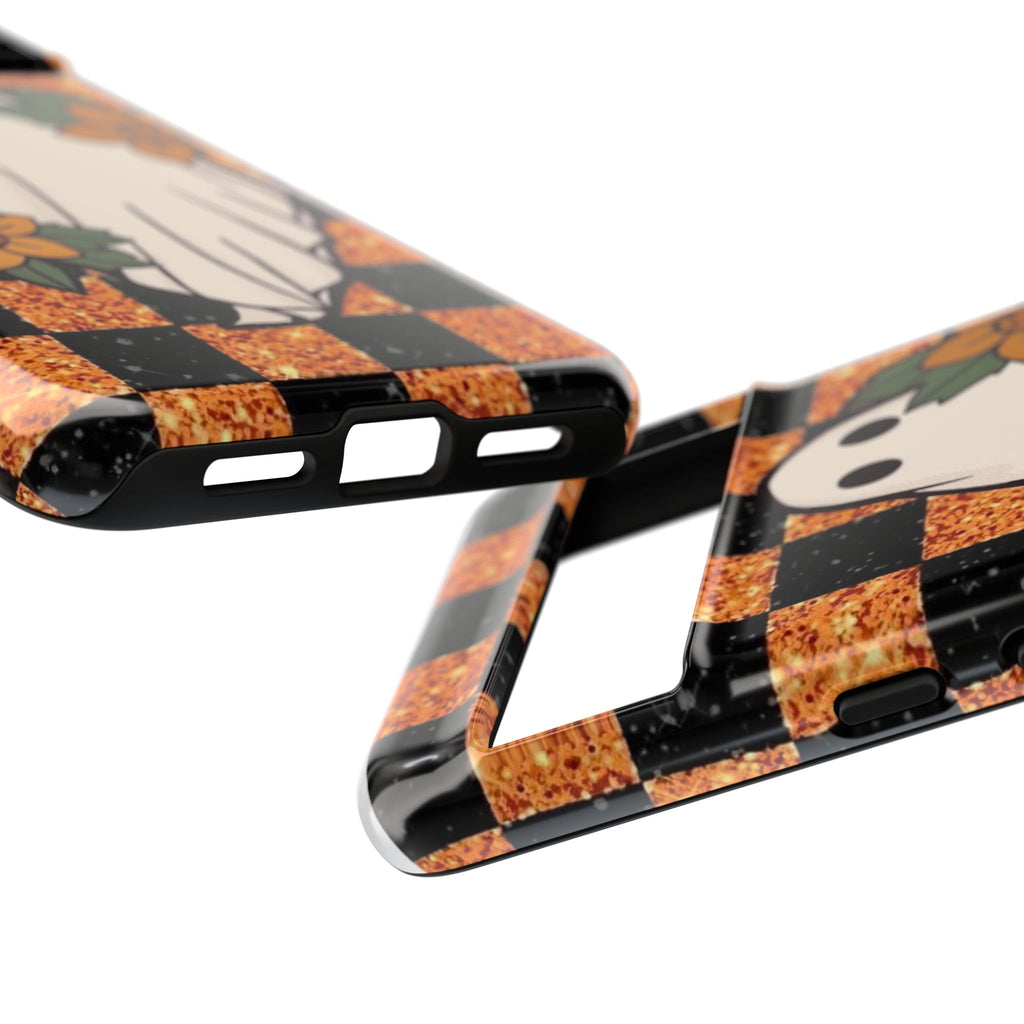 Halloween Ghost Phone Case — Checkerboard Orange Glitter Floral Design