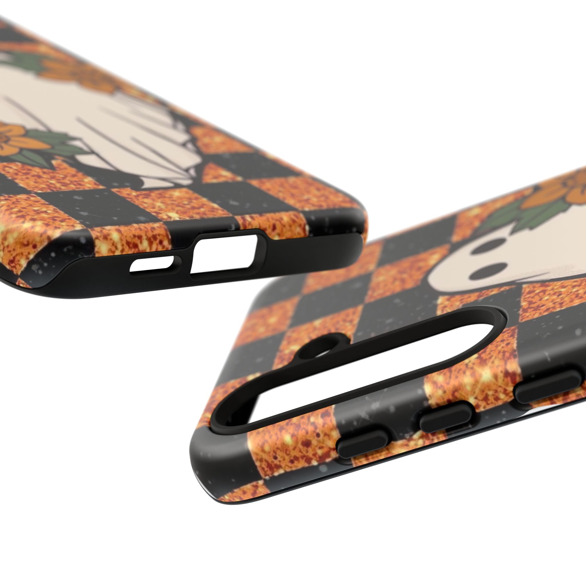 Halloween Ghost Phone Case — Checkerboard Orange Glitter Floral Design