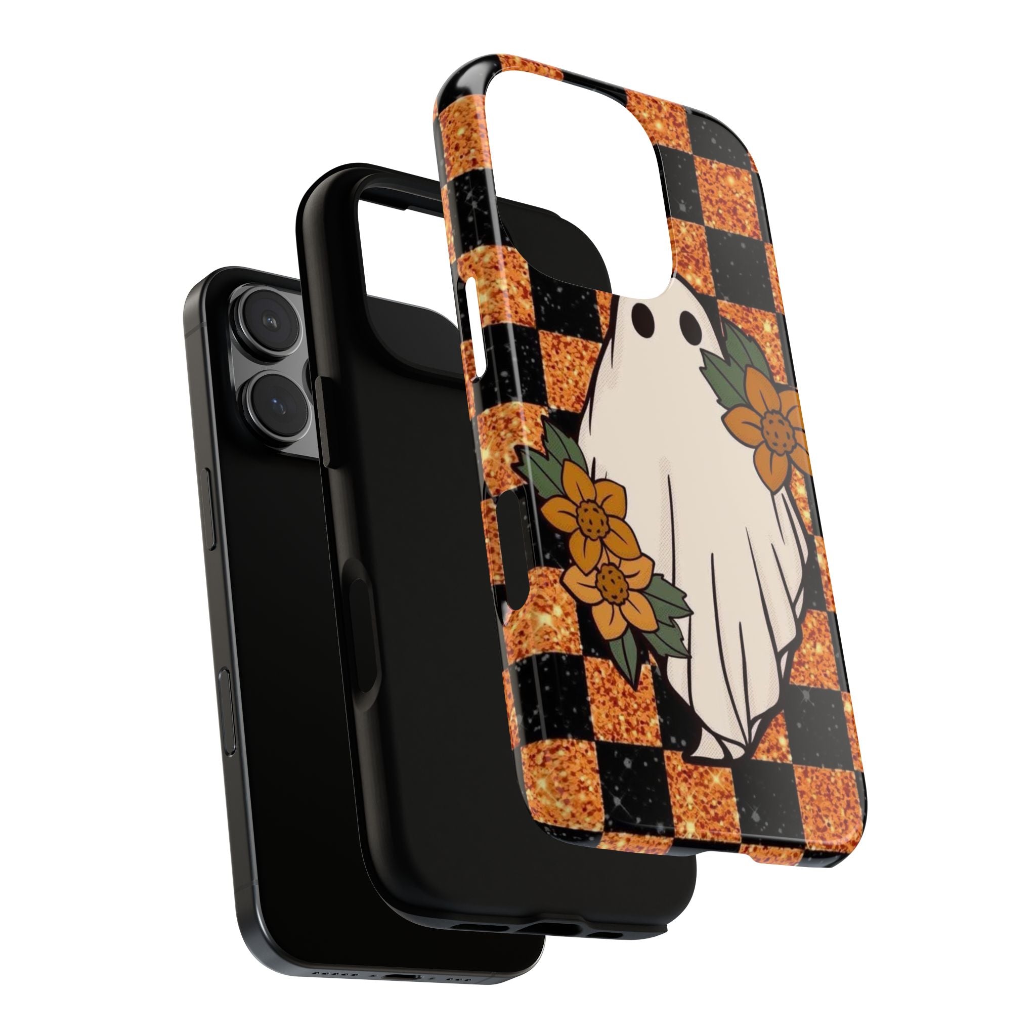 Halloween Ghost Phone Case — Checkerboard Orange Glitter Floral Design
