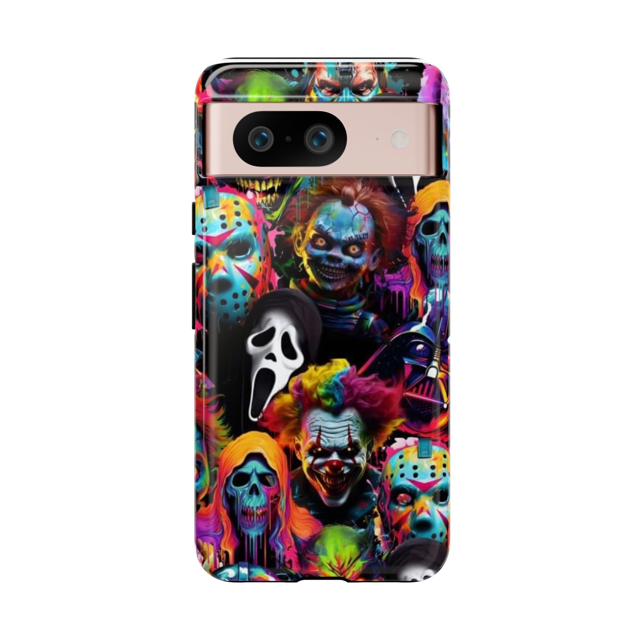 Phone Case — Neon Horror Mask Collage (Scream, Jason, Clown)