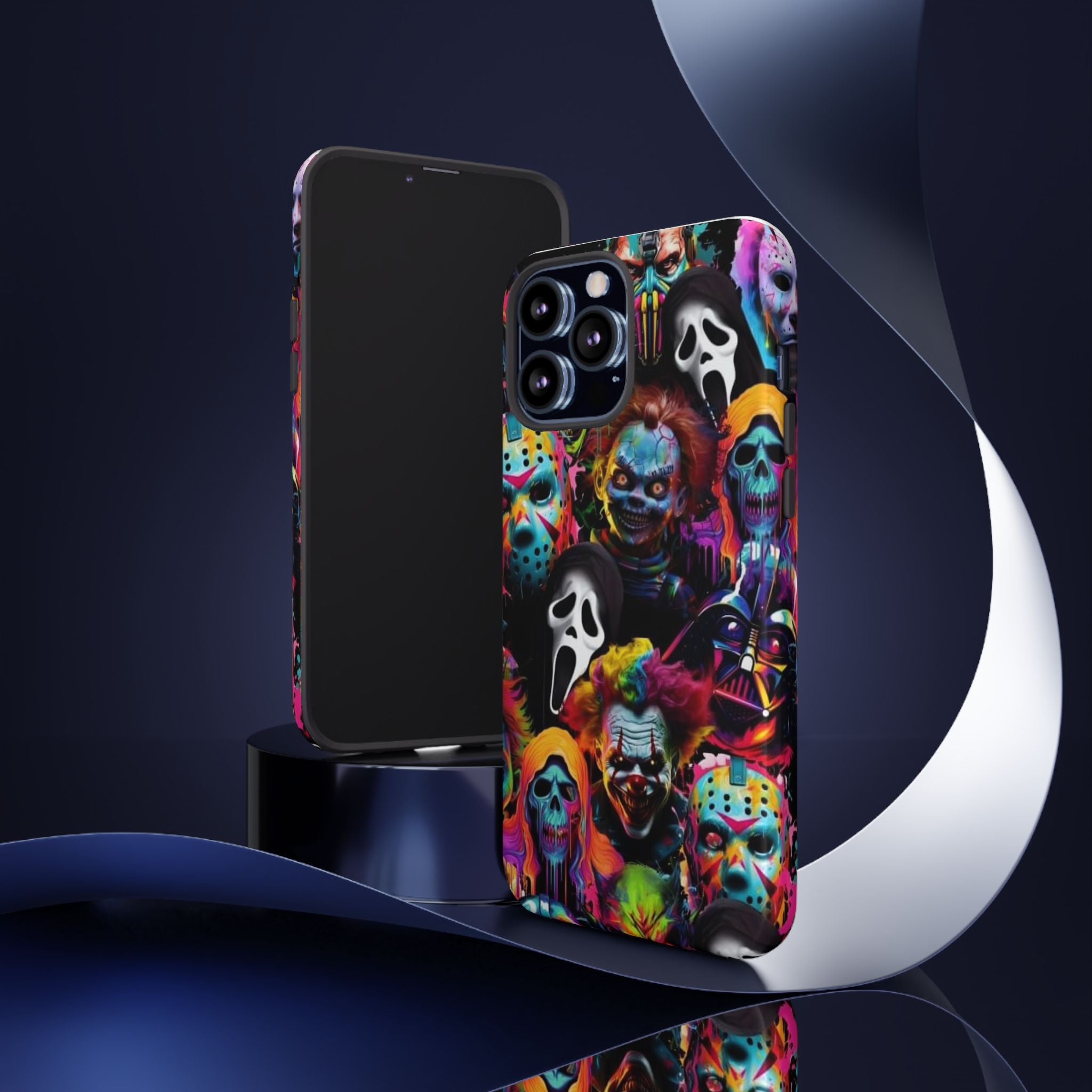 Phone Case — Neon Horror Mask Collage (Scream, Jason, Clown)