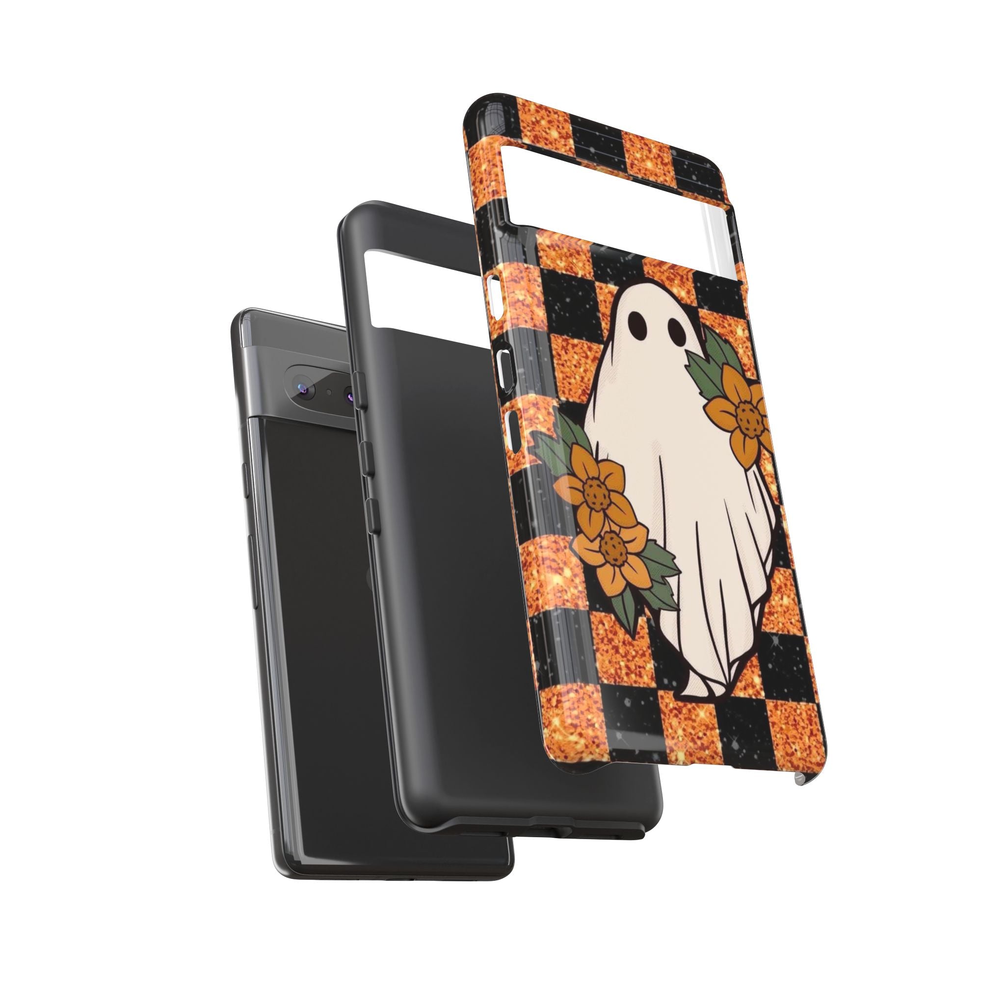 Halloween Ghost Phone Case — Checkerboard Orange Glitter Floral Design