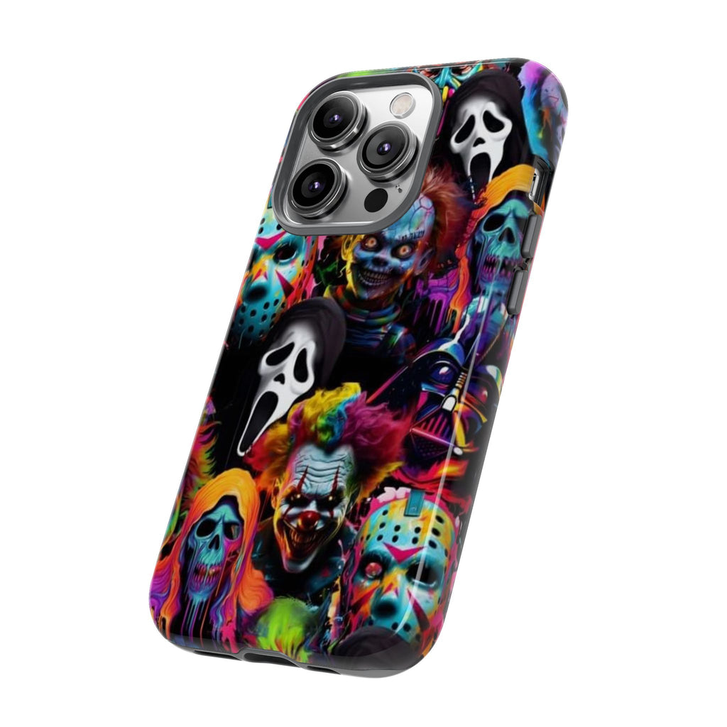 Phone Case — Neon Horror Mask Collage (Scream, Jason, Clown)