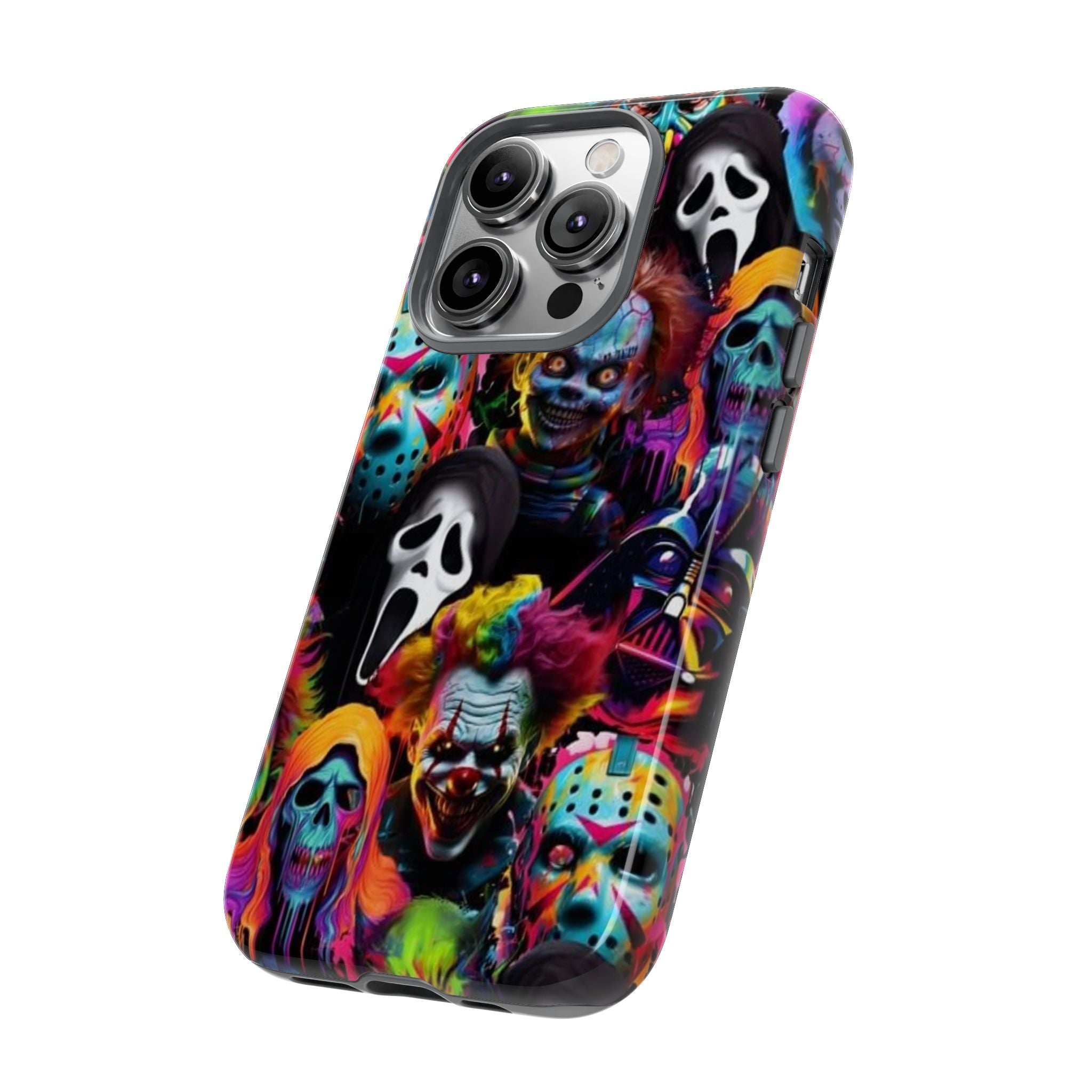 Phone Case — Neon Horror Mask Collage (Scream, Jason, Clown)