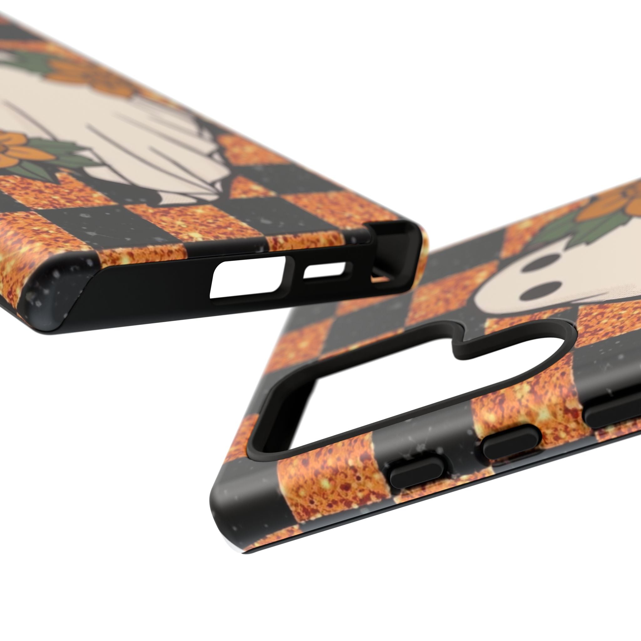 Halloween Ghost Phone Case — Checkerboard Orange Glitter Floral Design