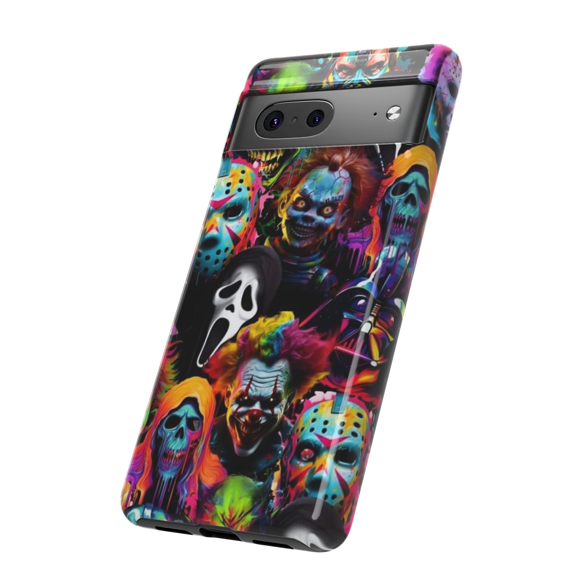 Phone Case — Neon Horror Mask Collage (Scream, Jason, Clown)